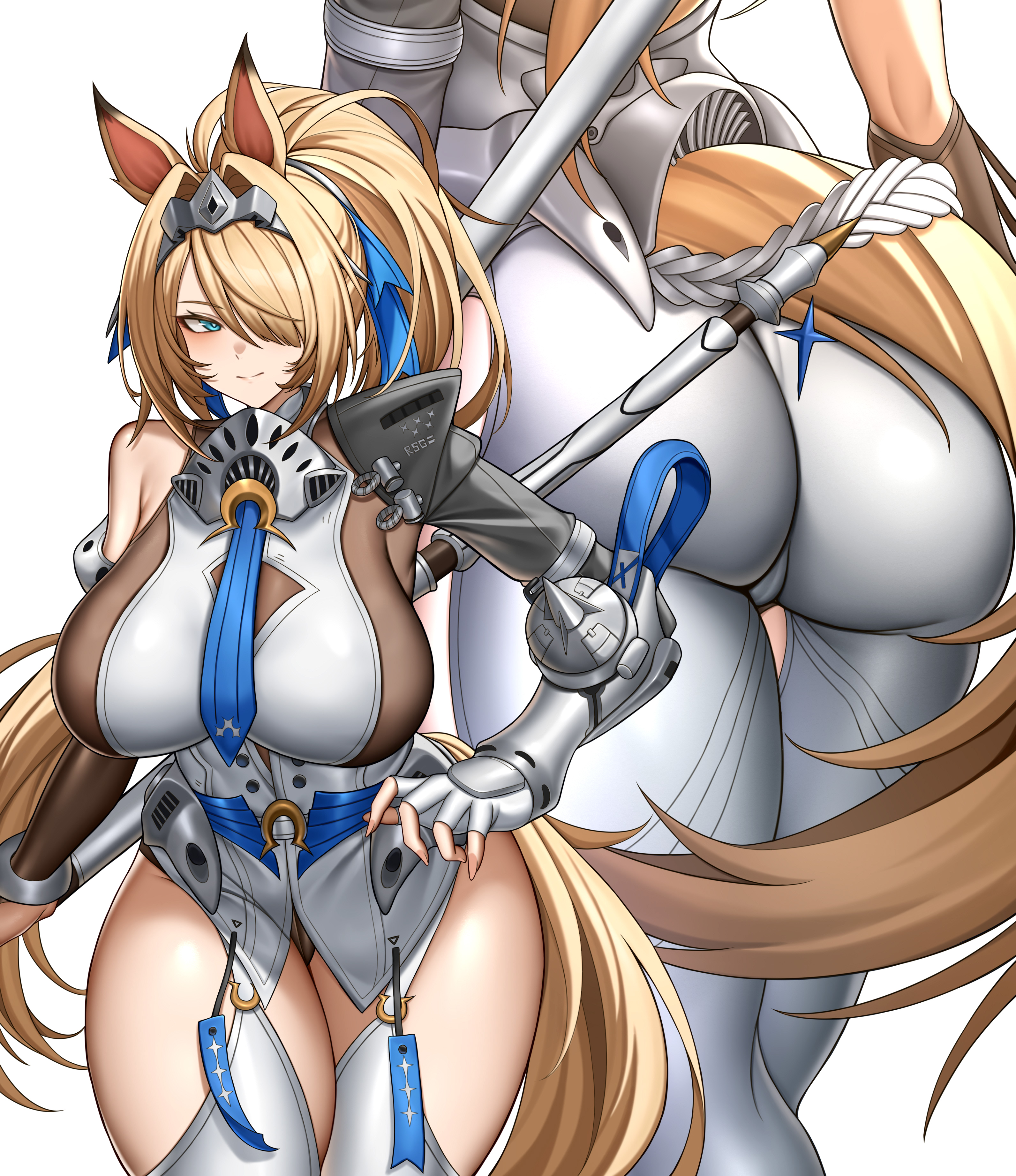 1girl, absurdres, animal ears, ass, big ass, big butt, blonde hair, blue eyes, breasts, commentary request, fingerless gloves, gloves, hairband, highres, horse ears, horse girl, horse tail, large breasts, long hair, long nails, mechanical gloves, metal hairband, multiple views, pants, shirt, sigrid (zenless zone zero), sigrid de l'azur, simple background, tail, thick thighs, thighs, very long hair, white background, white pants, white shirt, wide hips, yijie xianyu, zenless zone zero