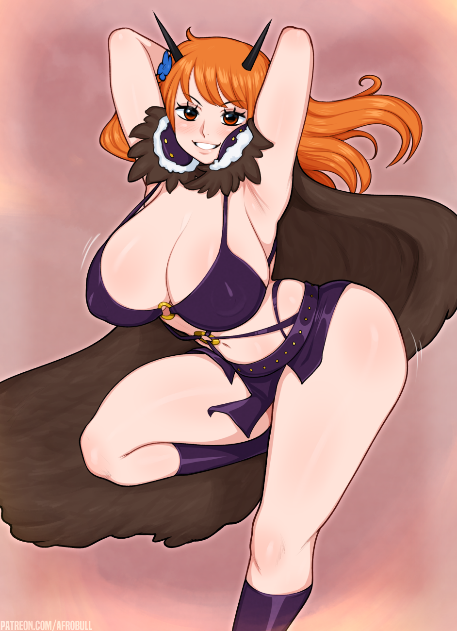 1girls, afrobull, alternate breast size, beast pirates (cosplay), big breasts, bra, breasts, cleavage, female, female only, huge breasts, large breasts, looking at viewer, nami (one piece), one piece, orange hair, orange-haired female, post-timeskip, solo