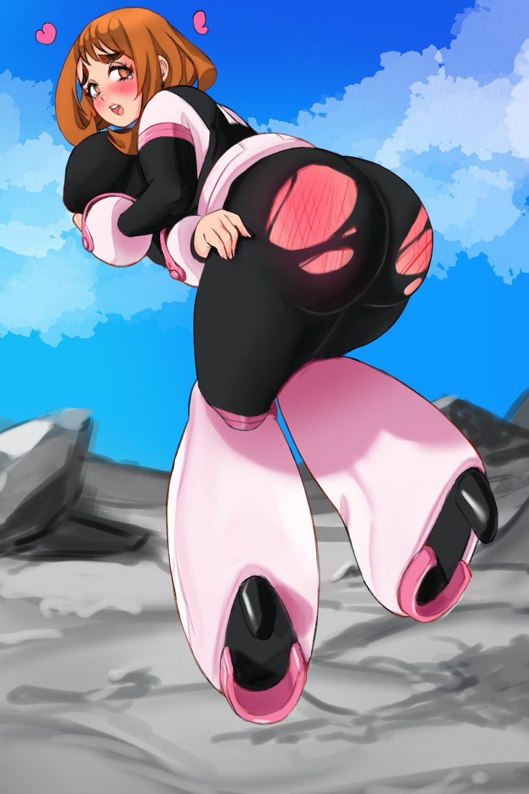 1girls, ass, back view, background, bent over, big ass, big butt, bodysuit, boots, brown hair, cloud, exposed ass, female, female human, female only, floating, heart, heart-shaped pupils, hero outfit (mha), high heels, human, keigi (artist), light skin, light-skinned female, looking at viewer, looking back, my hero academia, ochako uraraka, ochako uraraka (hero outfit), ripped clothing, short hair, skintight, sky, solo, spank marks, superhero costume, superheroine, tears, torn bodysuit, torn clothes