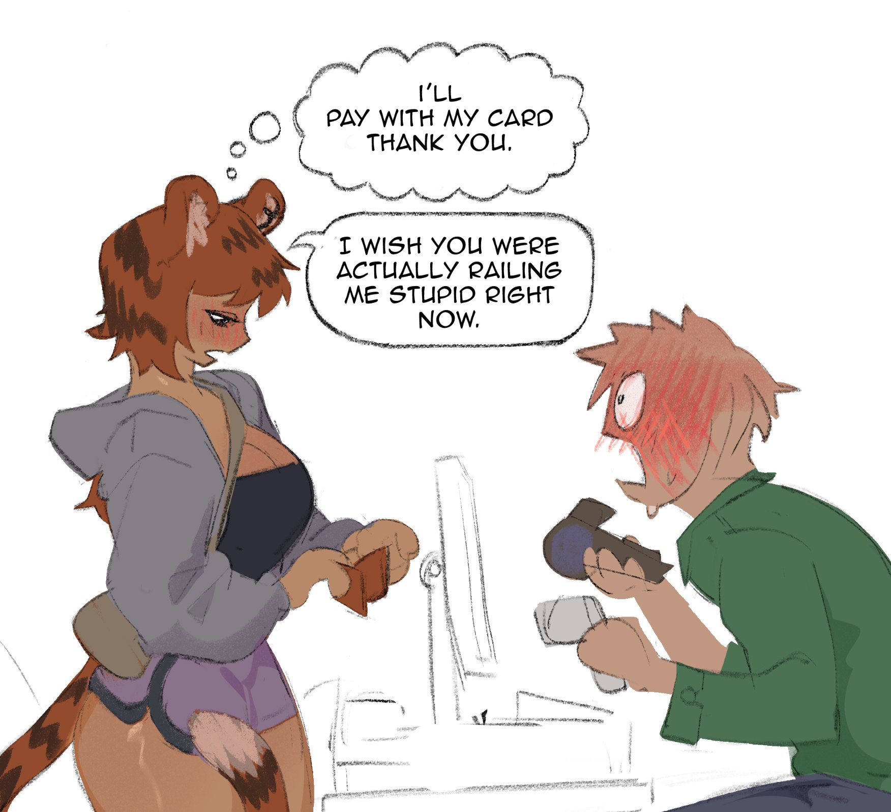 1boy, 1girls, antwolph, asswolph, big breasts, black eyes, blush, blushing male, breasts, cash register, cashier, clothed, clothed female, clothed male, clothing, color, dialogue, english text, female, female focus, freudian slip, fully clothed, funny, hetero, human, humor, indoors, light skin, male, open eyes, open mouth, original, original character, shorts, simple background, speech bubble, standing, straight, text, thick thighs, thighs, thought bubble, tiger ears, tiger girl, tiger tail, twitter link, white background