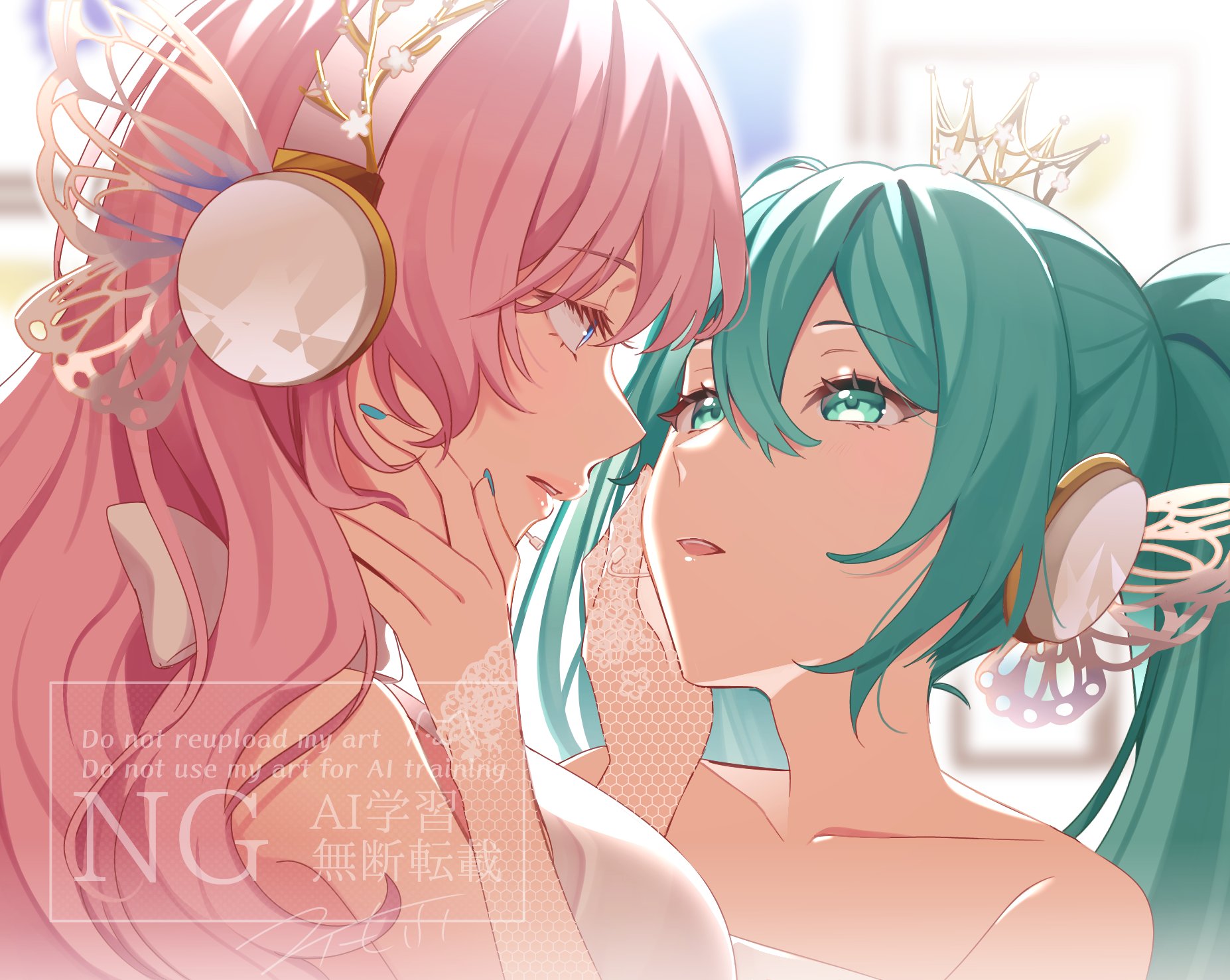 2girls, aqua hair, aqua nails, bare shoulders, blue eyes, collarbone, commentary, crown, dress, eye contact, female, female only, fishnet gloves, fishnets, gloves, hand on another's face, hatsune miku, headphones, headset, highres, honeycomb (pattern), long hair, looking at another, magnet (vocaloid), megurine luka, multiple females, multiple girls, parted lips, pink hair, twintails, vocaloid, white dress, white gloves, yuri