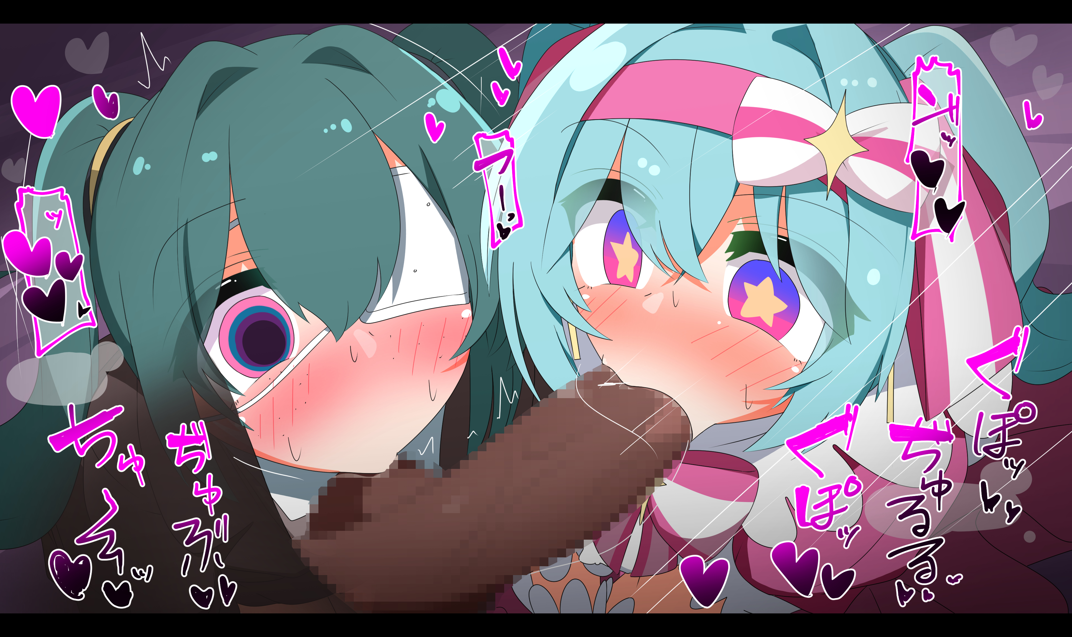 1boy, 2girls, afmagii, blowjob, blue body, blush, dark-skinned male, eyepatch, fellatio, female, hatsune miku, maggi (afmagii), male, monitoring (vocaloid), oral, penis, retry now (vocaloid), sucking balls, twintails, vocaloid