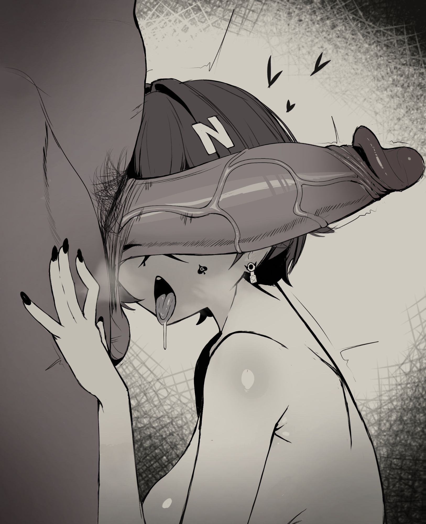 1boy, 1girl, armpit crease, belle (zenless zone zero), blacked female, dark skin, dark-skinned male, earrings, erection, girthy penis, hand up, hetero, highres, huge penis, interracial, jewelry, kazudayo, male pubic hair, monochrome, nail polish, open mouth, penis, penis focus, penis on face, penis over eyes, pubic hair, queen of spades, queen of spades symbol, race fetishism, race fetishism symbol, saliva, upper body, veins, veiny penis, zenless zone zero