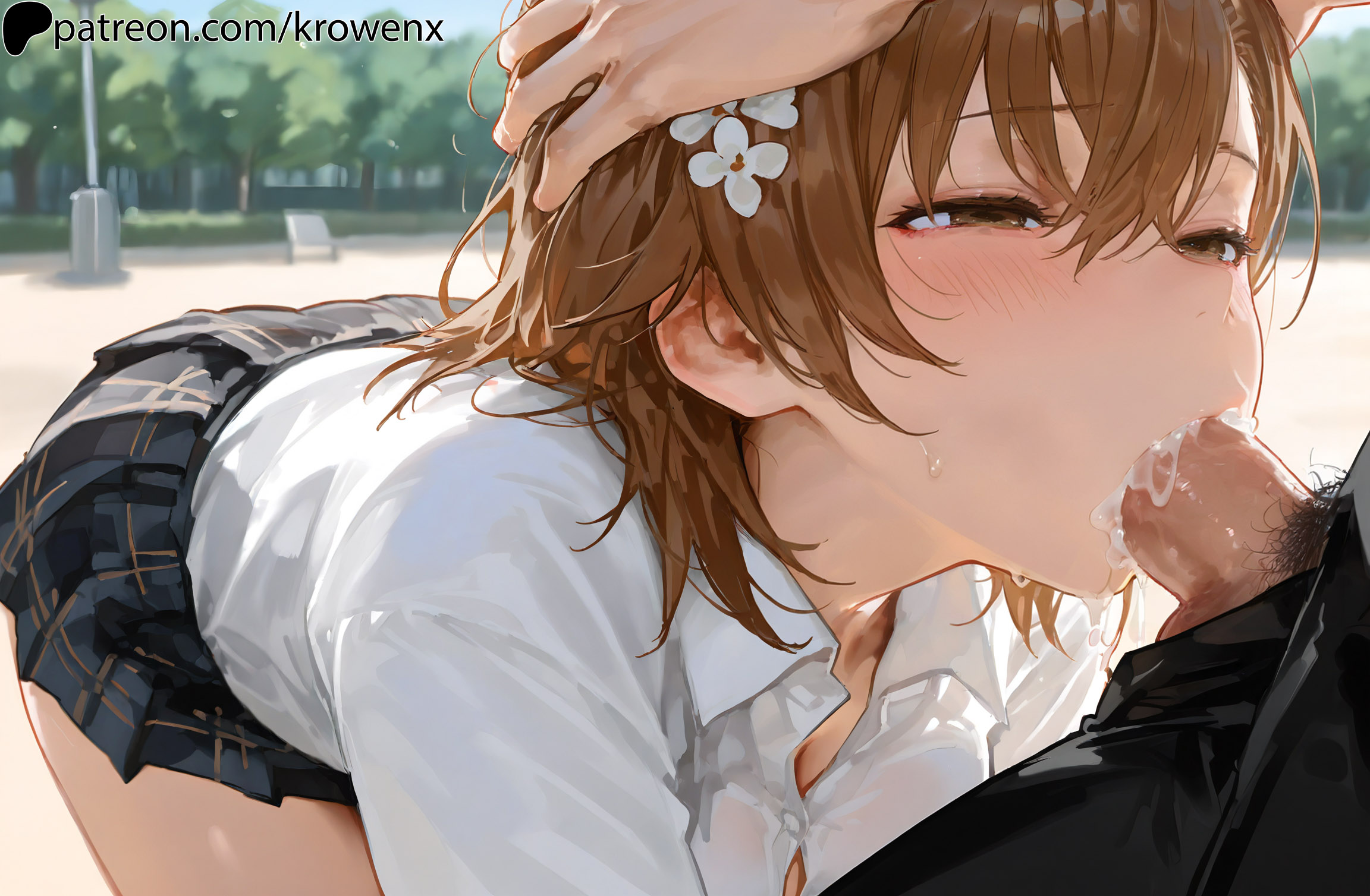 1girls, ai generated, blowjob, blush, brown eyes, brown hair, cum, cum in mouth, deepthroat, fellatio, female, female focus, hair flower, half-closed eyes, hand on head, krowenx, misaka mikoto, oral, oral sex, outdoors, penis, penis in mouth, sucking, sucking penis, to aru kagaku no railgun, to aru majutsu no index, uncensored