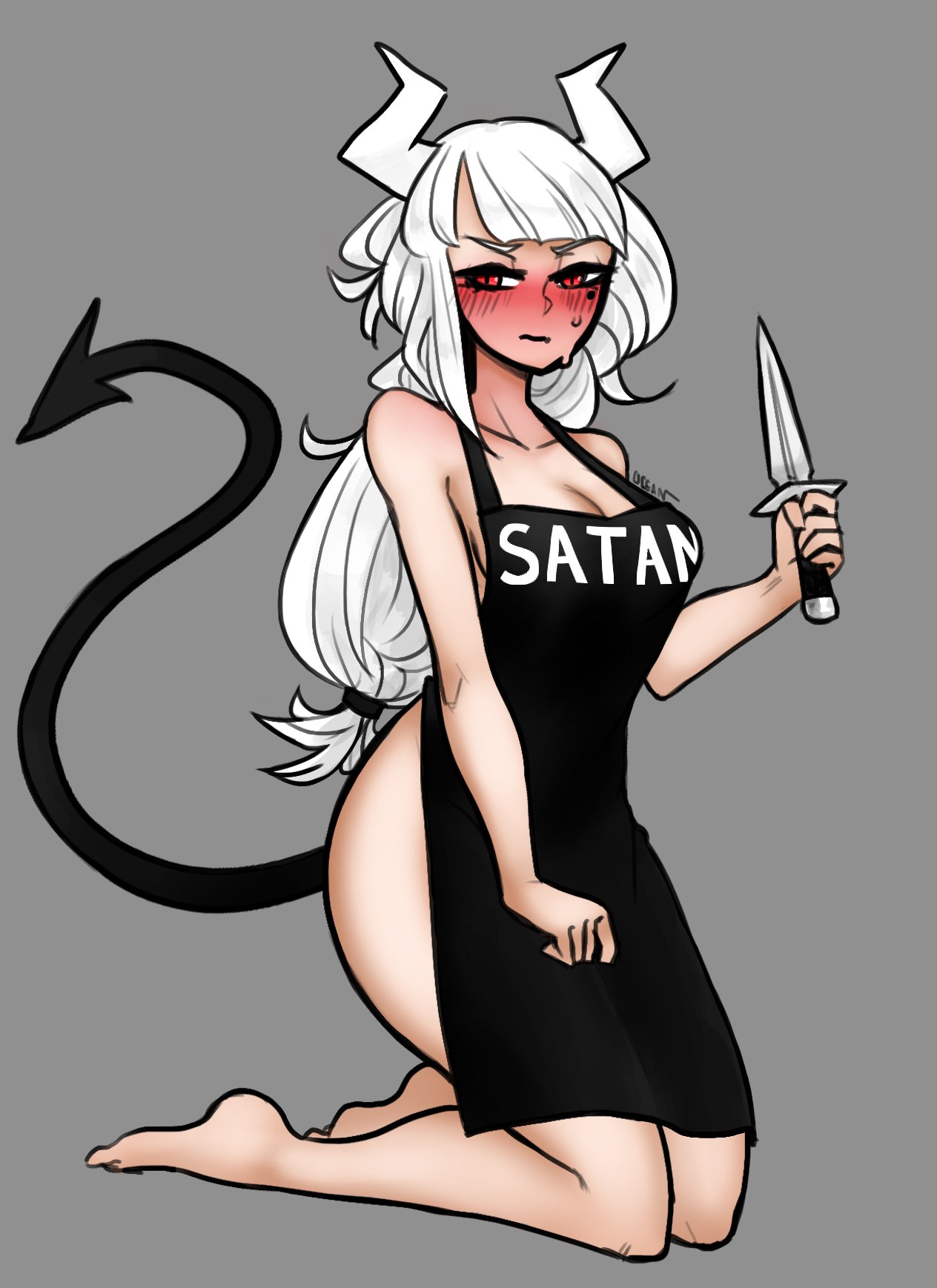 blush, demon, demon horns, demon tail, female, helltaker, horns, kneeling, knife, lucifer (helltaker), naked apron, red eyes, white hair