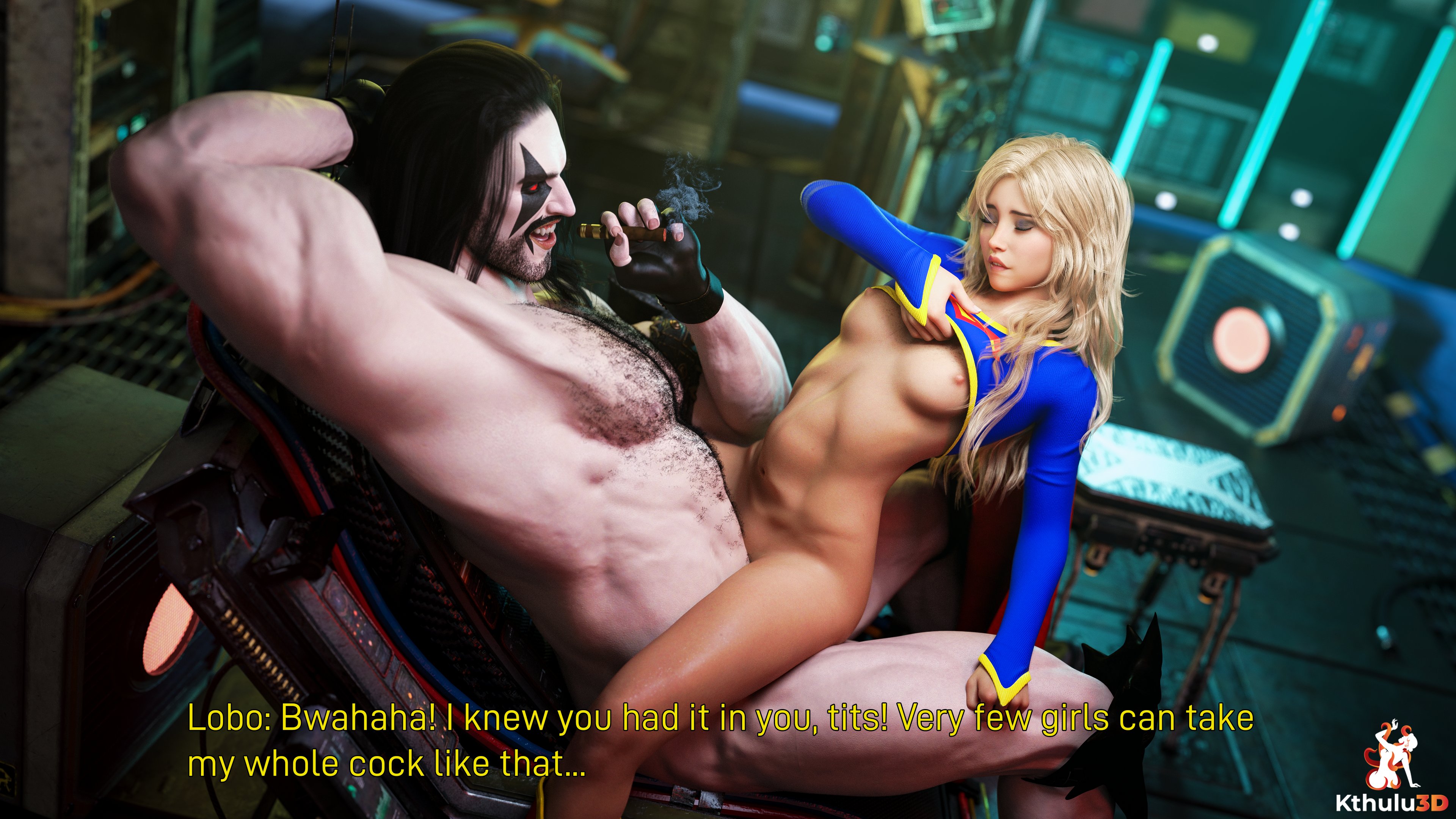 1boy, 1girl1boy, 1girls, 3d, 3d (artwork), abs, black hair, blonde, blonde female, blonde hair, breasts, breasts out, dc, dc comics, dcu, dialogue, english text, eyes closed, eyewear, fit, fit female, girl on top, hairy chest, half dressed, interspecies, kara zor-el, kthulusfm (artist), lobo (dc), medium breasts, mouth closed, muscular male, nipples, older male and younger female, older penetrating younger, on top, petite, petite female, pleasure face, riding, riding cock, riding penis, smoking, stomach bulge, supergirl, superhero, superheroine, superman (series), text, undressing, vaginal, vaginal penetration, vaginal sex, white skin