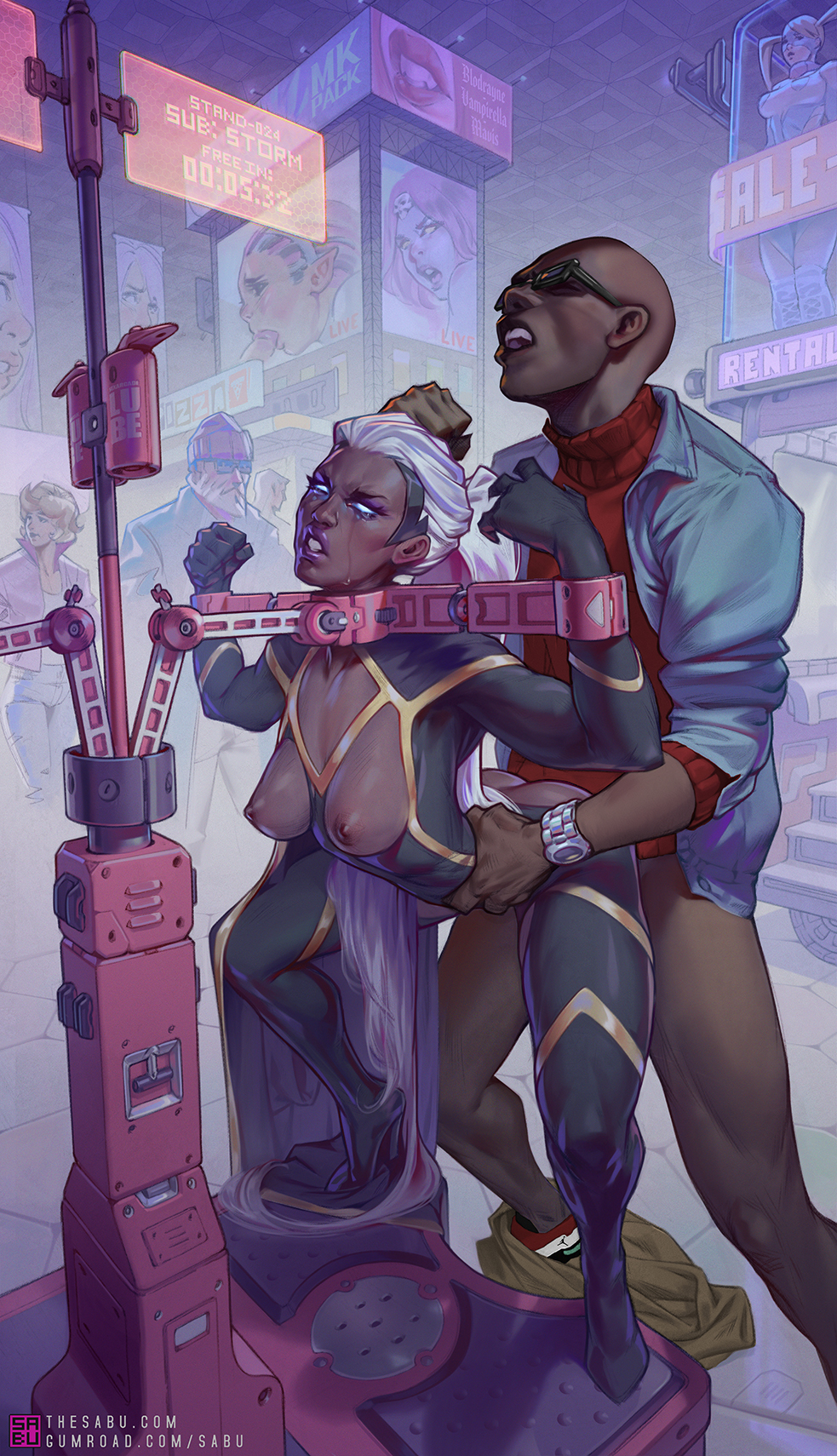 1boy 1girls angry areolae blue_sclera bondage bound_wrists breasts cyberpunk dark-skinned_female dark-skinned_male female femsub from_behind glasses glowing_eyes high_heel_boots high_heels male maledom marvel marvel_comics mutant_(marvel) nipples ororo_munroe pillory public_sex public_use rape resisting restrained sabudenego sex sex_arcade storm_(x-men) straight street tears x-men