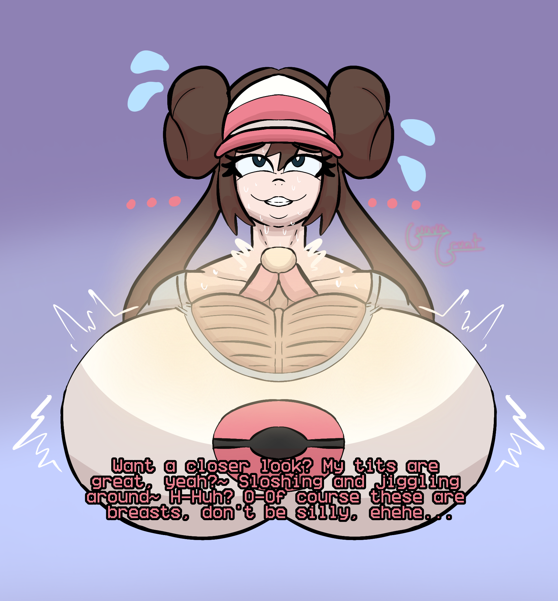 1futa, 2d, ball breasts, ball focus, ballbies, balls as breasts, balls on chest, big balls, big penis, breasticles, brown eyes, brown hair, chesticles, clothed, clothed futa, cum bead, dialogue, disguise, dripping cum, english text, fake breasts, futa focus, futa only, futanari, grin, guavagrunt, hairbuns, hat, hiding erection, horny, horny futa, huge balls, huge cock, musk, musk clouds, musky balls, musky cock, nervous, penis between balls, penis tip, pokemon, rosa (pokemon), sfx, shirt, simple background, speech, squished balls, text, twintails, writing