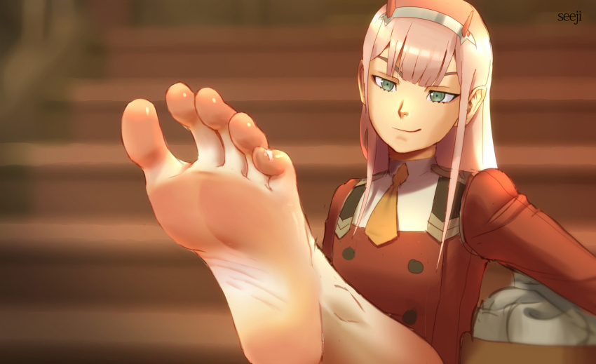 barefoot, darling in the franxx, feet, feet up, female, foot fetish, green eyes, pov feet, seeji03, smirk, soles, tagme, toes, zero two (darling in the franxx)