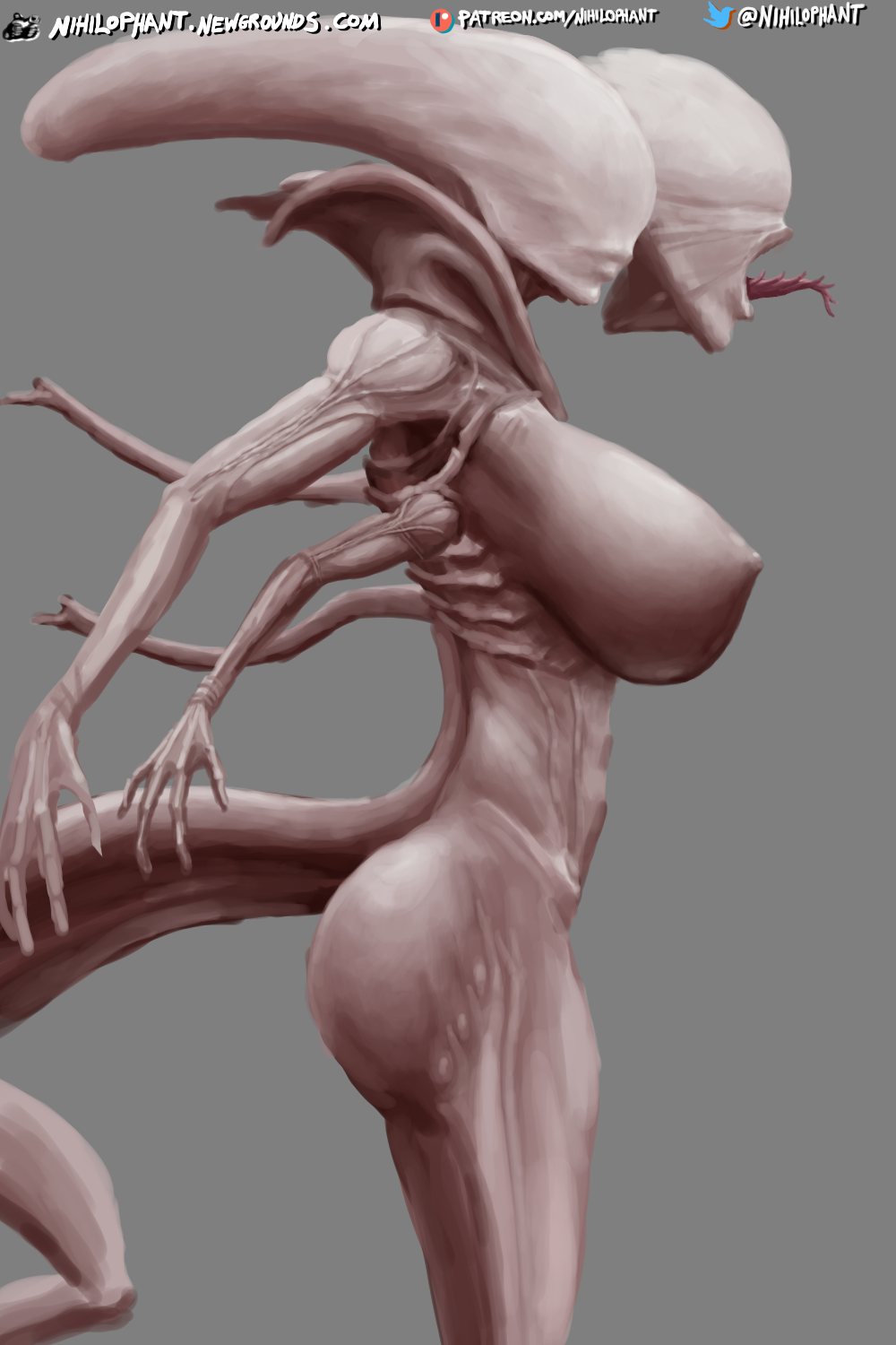 alien_(franchise) alien_girl ass big_breasts female female_only female_xenomorph feral_only multi_arm multi_limb neomorph nihilophant open_mouth sci-fi tail white_skin xenomorph