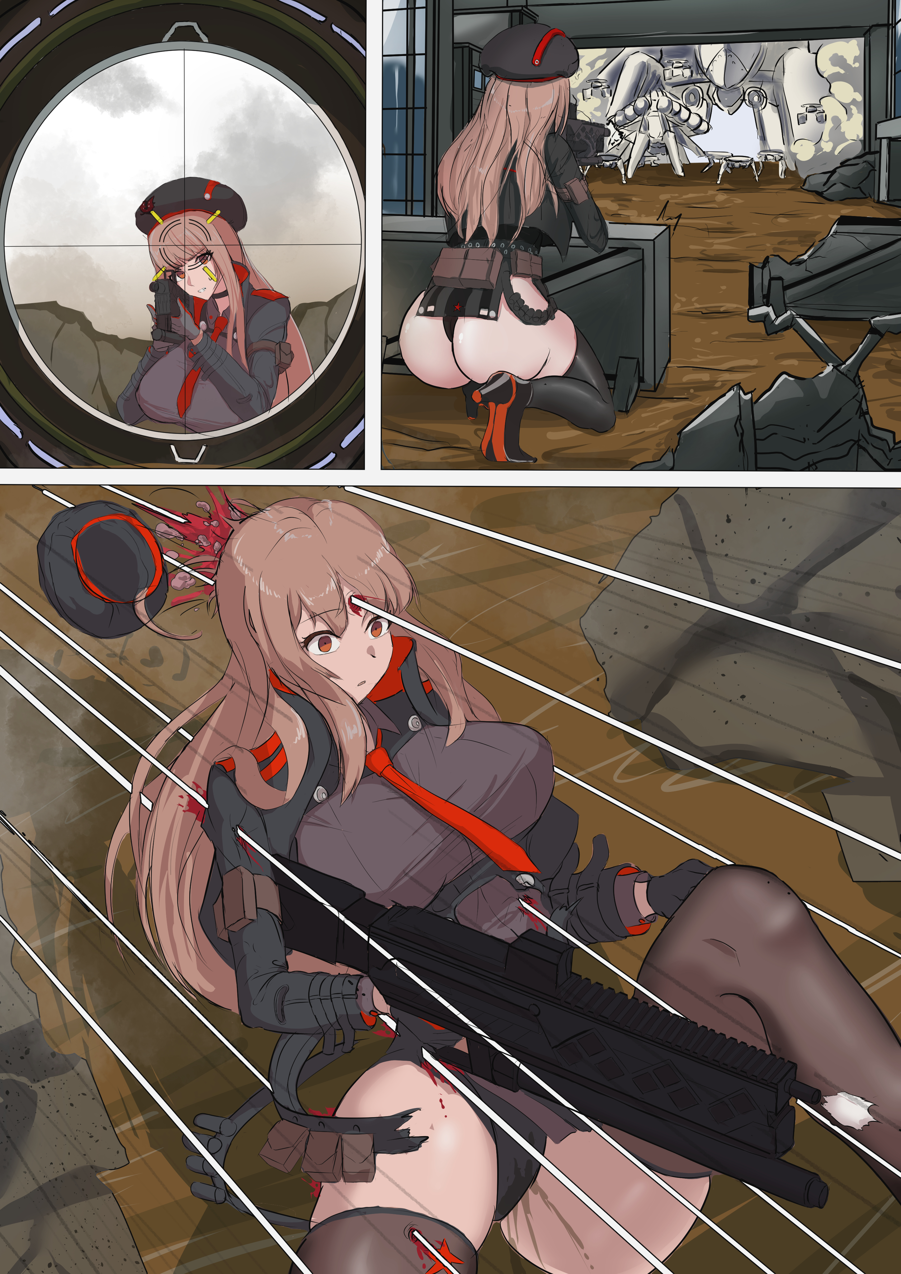 1girls, artist request, ass, beret, blood, breasts, brown hair, choker, collared leotard, comic, corpse, death, empty eyes, female death, goddess of victory: nikke, gore, gun, guro, hat, headshot, huge breasts, leotard, long hair, necrophilia, rapi (nikke), red eyes, scope, shooting, sniper, snuff, thighhighs, thighs, twitching, weapon