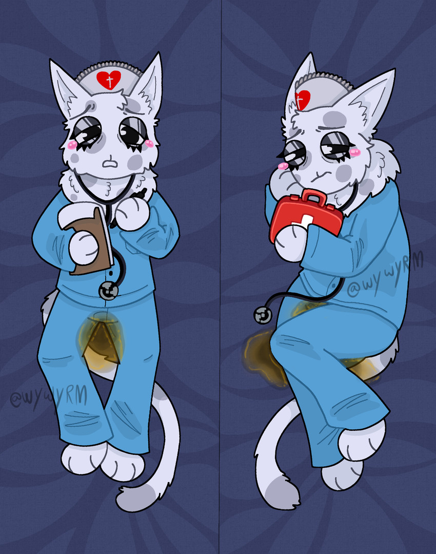 animal hospital, body pillow, cat, dakimakura, dakimakura design, feline, female, fully clothed, head nurse (animal hospital), omorashi, peeing, peeing self, piss, pissing, pissing self, solo, urinating, urination, urine, watersports, wetting clothing, wetting self, white fur, wywyrm