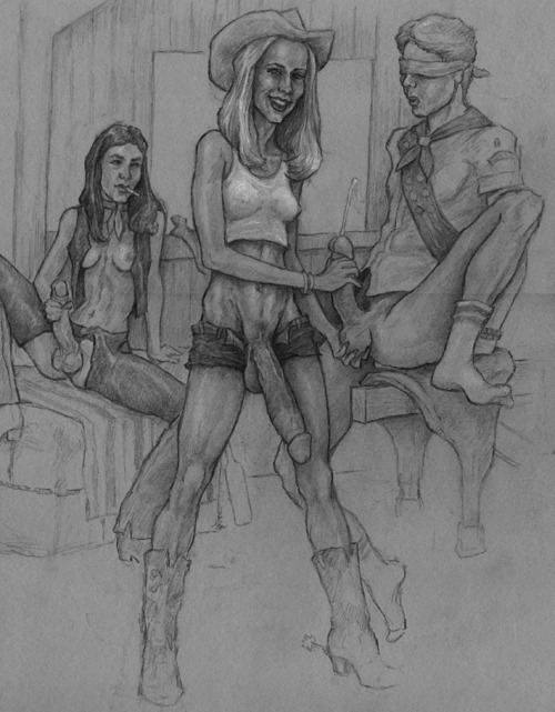 1boy 2futas blindfolded bobby_luv cowgirl futa_is_bigger futa_on_male futadom futanari handjob huge_cock legs_spread pencil_(artwork) spurs