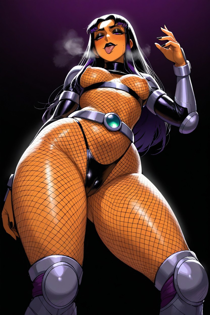1girls, ai generated, alien, alien girl, blackfire, blackfire (teen titans), breasts, dark hair, dark purple hair, dc, dc comics, faprunner78, female, female only, fishnets, goth makeup, hips, long hair, looking at viewer, natural breasts, nipples, orange skin, purple eyes, slim female, slim waist, small breasts, teen titans, thick thighs, thighs, tongue out, villainess, waist, wide hips