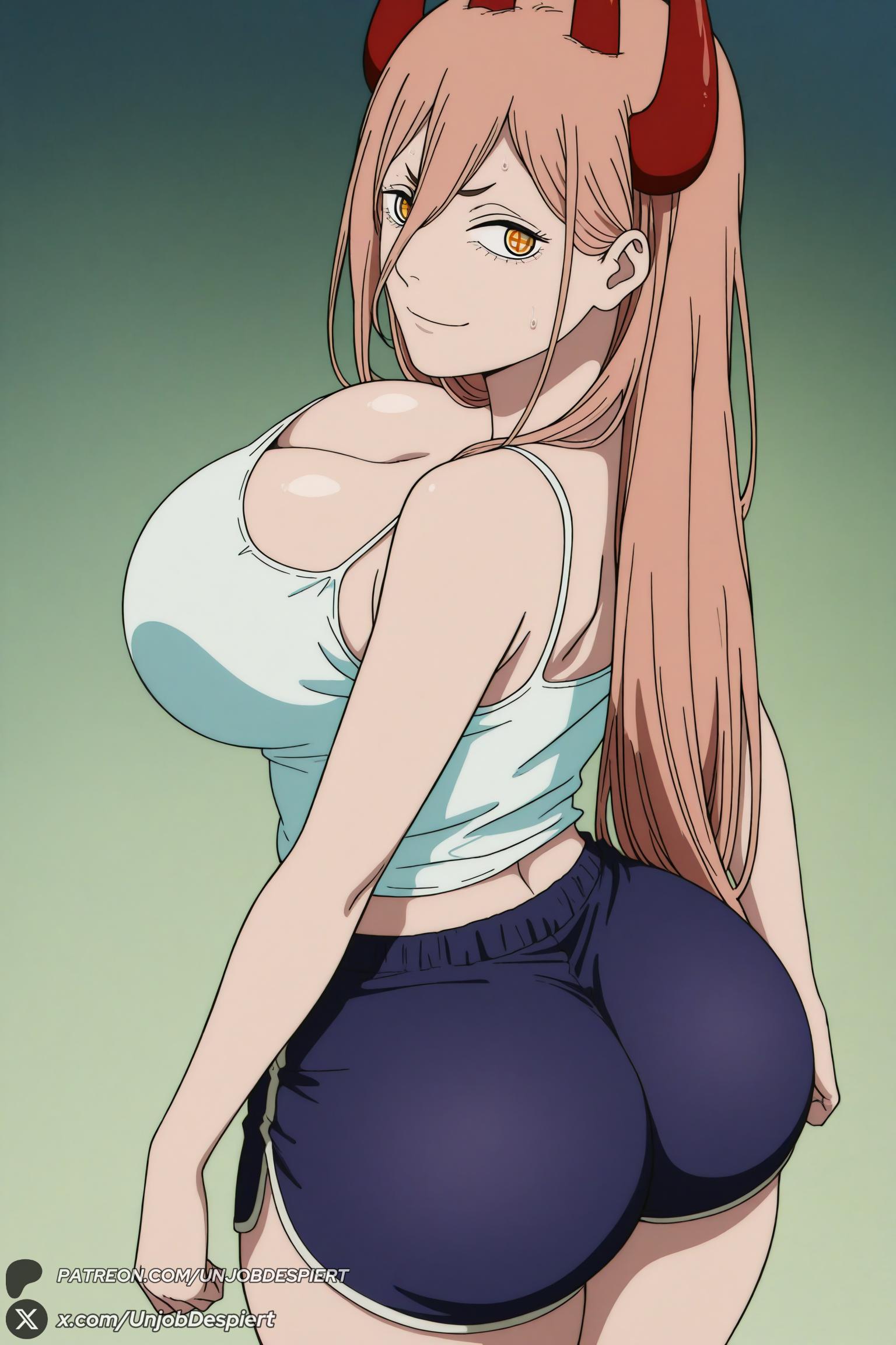 1female 1girl 1girls 2026 ai_generated alternate_breast_size artist_name ass bare_shoulders big_ass big_breasts breasts chainsaw_man cleavage cross-shaped_pupils curvy demon_horns dolphin_shorts from_behind gradient gradient_background green_background hair_between_eyes hi_res high_quality high_resolution highres horns huge_ass huge_breasts large_breasts long_hair looking_at_viewer looking_back patreon patreon_username pink_hair power_(chainsaw_man) red_horns short_shorts shorts smile solo symbol-shaped_pupils tank_top unjobdespiert watermark web_address yellow_eyes
