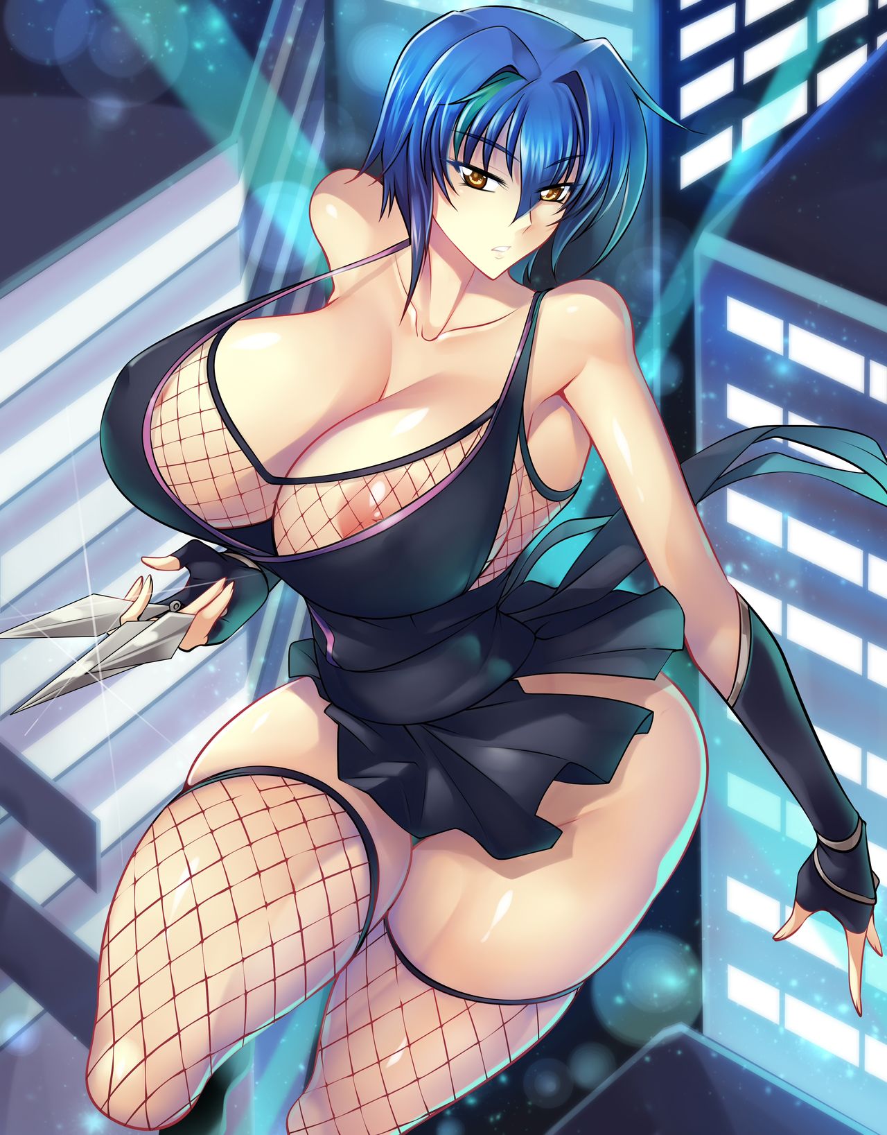 1girls areola_slip areolae blue_hair breasts city cityscape demon_girl fingerless_gloves fishnets gloves haganef high_school_dxd kunai large_breasts ninja nipple nipple_slip revealing_clothes solo thighs thin_waist xenovia_quarta yellow_eyes