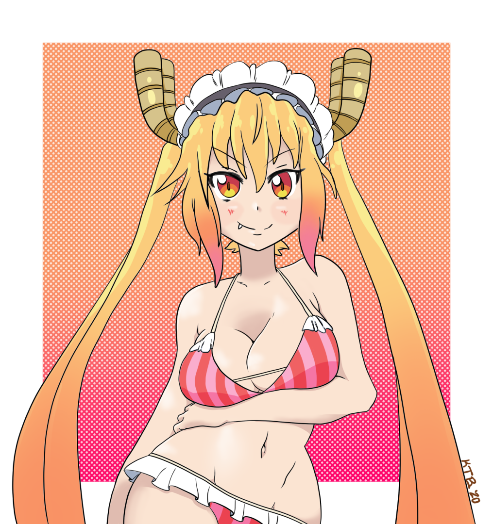 1girls 2020 bangs blonde_hair blush breasts cleavage clothed collarbone cowboy_shot curvy cute_fang dated dragon_horns eyeliner female female_only frilled_bikini front_view gradient_hair hair_between_eyes horns humanoid ktb large_breasts long_hair long_twintails maid_headdress midriff miss_kobayashi's_dragon_maid multicolored_eyes navel orange_eyes pink_bikini pink_hair red_eyes sidelocks signature smile solo standing striped_bikini tohru_(dragon_maid) twintails very_long_hair yellow_eyes