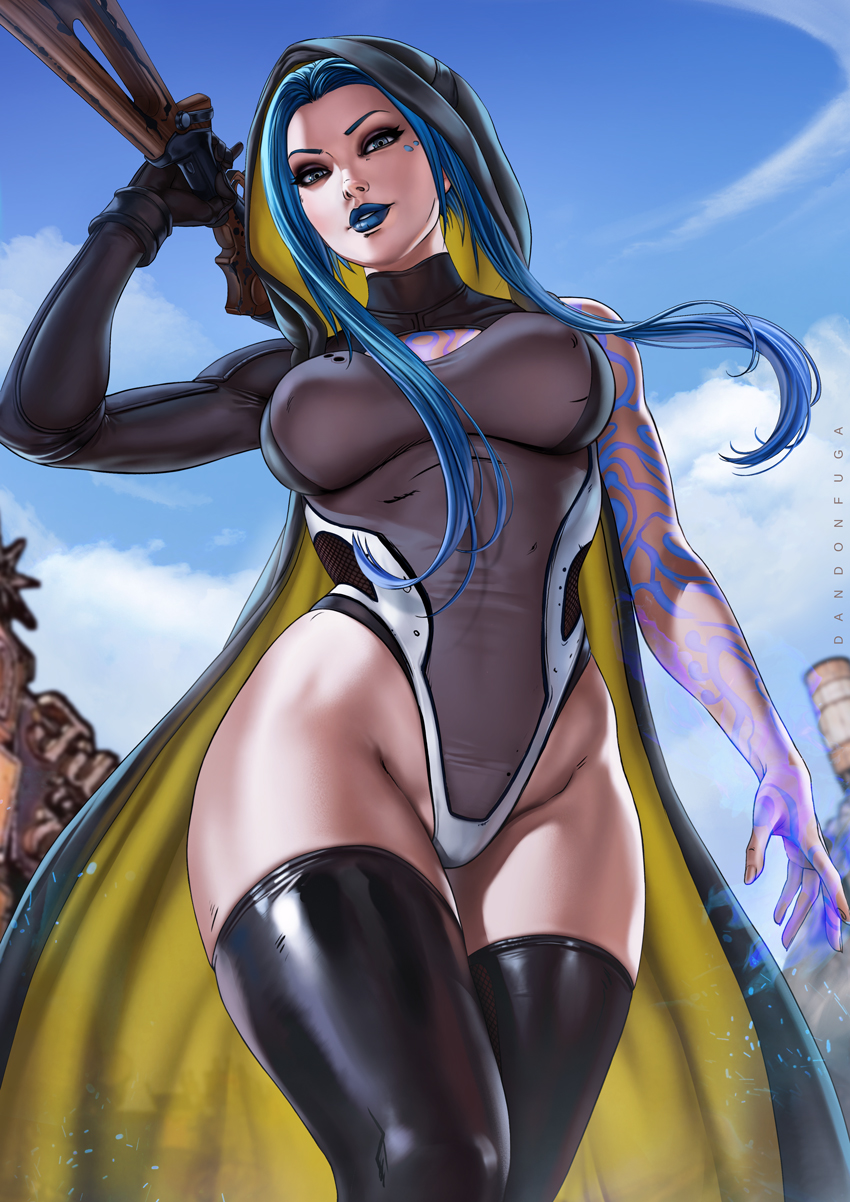 1girls, 2d, big breasts, blue eyes, blue hair, blue lipstick, body markings, borderlands, borderlands 3, breasts, cleavage, dandon fuga, eyeshadow, female, female only, gun, hood, hoodie, large breasts, light skin, light-skinned female, long hair, maya (borderlands), pale skin, pale-skinned female, petite, seductive eyes, seductive look, silver eyes, siren (borderlands), siren markings, solo, solo female, tattoo, thick thighs, thighhighs, viewed from below, wide hips