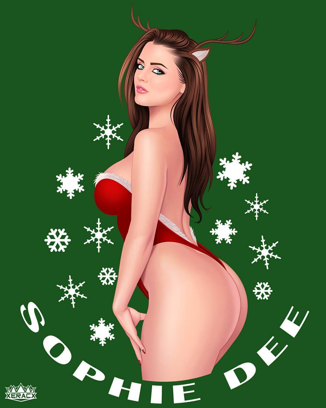 1girls ass blue_eyes brown_hair bust busty christmas christmas_outfit clothed clothing curvaceous curves curvy curvy_figure enhanced_breasts eyelashes fake_breasts female female_only green_background hips hourglass_figure ismael_rac long_hair looking_at_viewer outfit porn_star reindeer_antlers reindeer_ears seductive seductive_look skimpy sophie_dee voluptuous waist watermark wide_hips xeracx