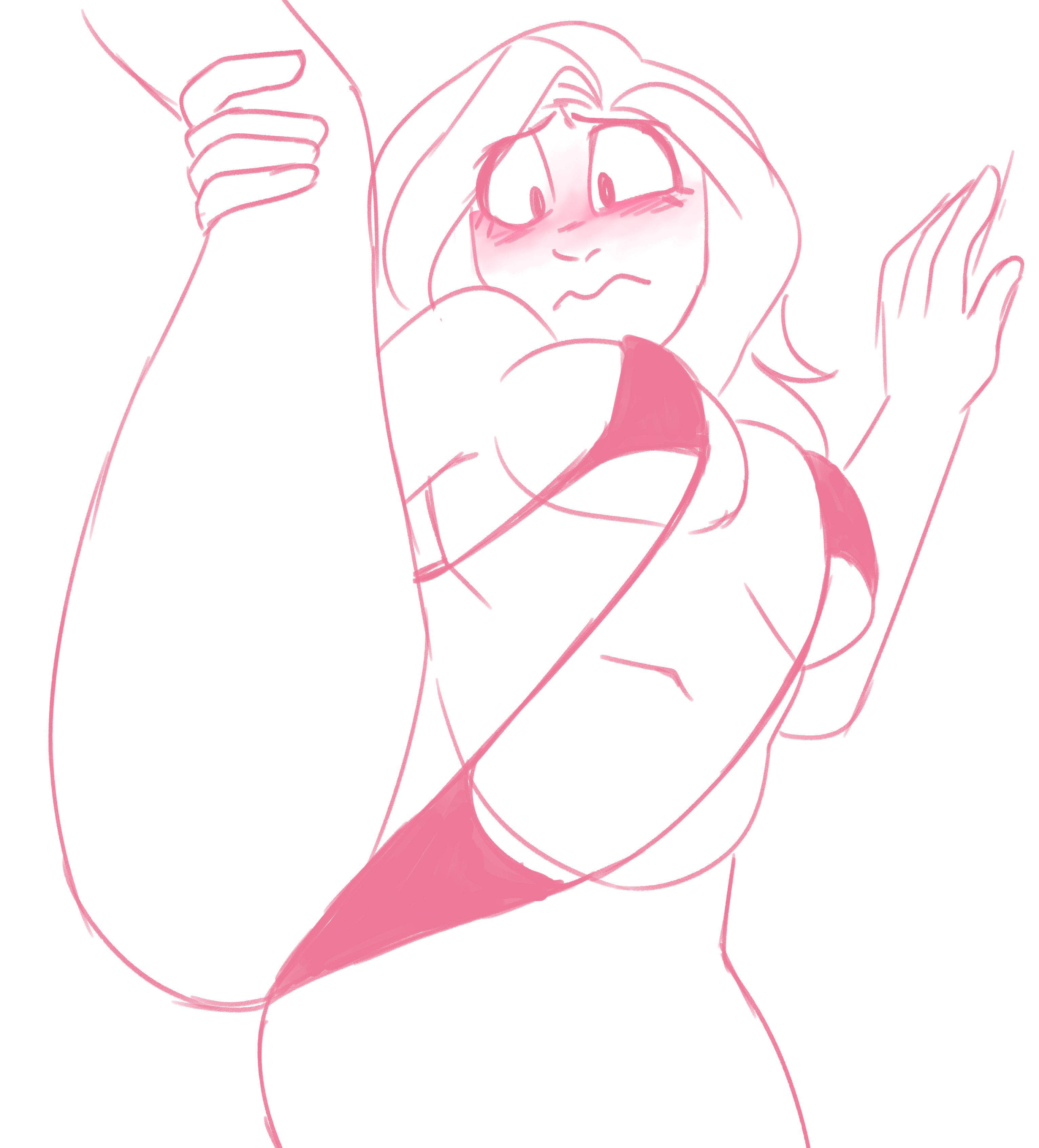 1girls, artist self-insert, big breasts, bikini, blush, blushing, breasts, cleavage, embarrassed, eyebrows visible through hair, eyelashes, female, female only, full cleavage, fully clothed, hand on leg, highres, hips, large breasts, latina, leg grab, lizielewddle, lizielewddle (character), long hair, looking down, medium breasts, monochrome, navel, on one leg, one leg up, original, peonypetals, sexually suggestive, sketch, slightly chubby, sling bikini, solo, solo female, spread legs, standing, standing on one leg, swimsuit, thick, thick thighs, thighs, white background, wide hips, worried