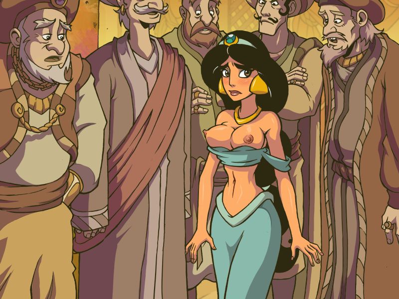 akabur, aladdin, arabian clothes, audience, breasts, breasts out, clothed male nude female, disney, disney princess, enslaved royal, exposed breasts, female, harem outfit, male, multiple males, nipples, princess jasmine, public humiliation, public nudity
