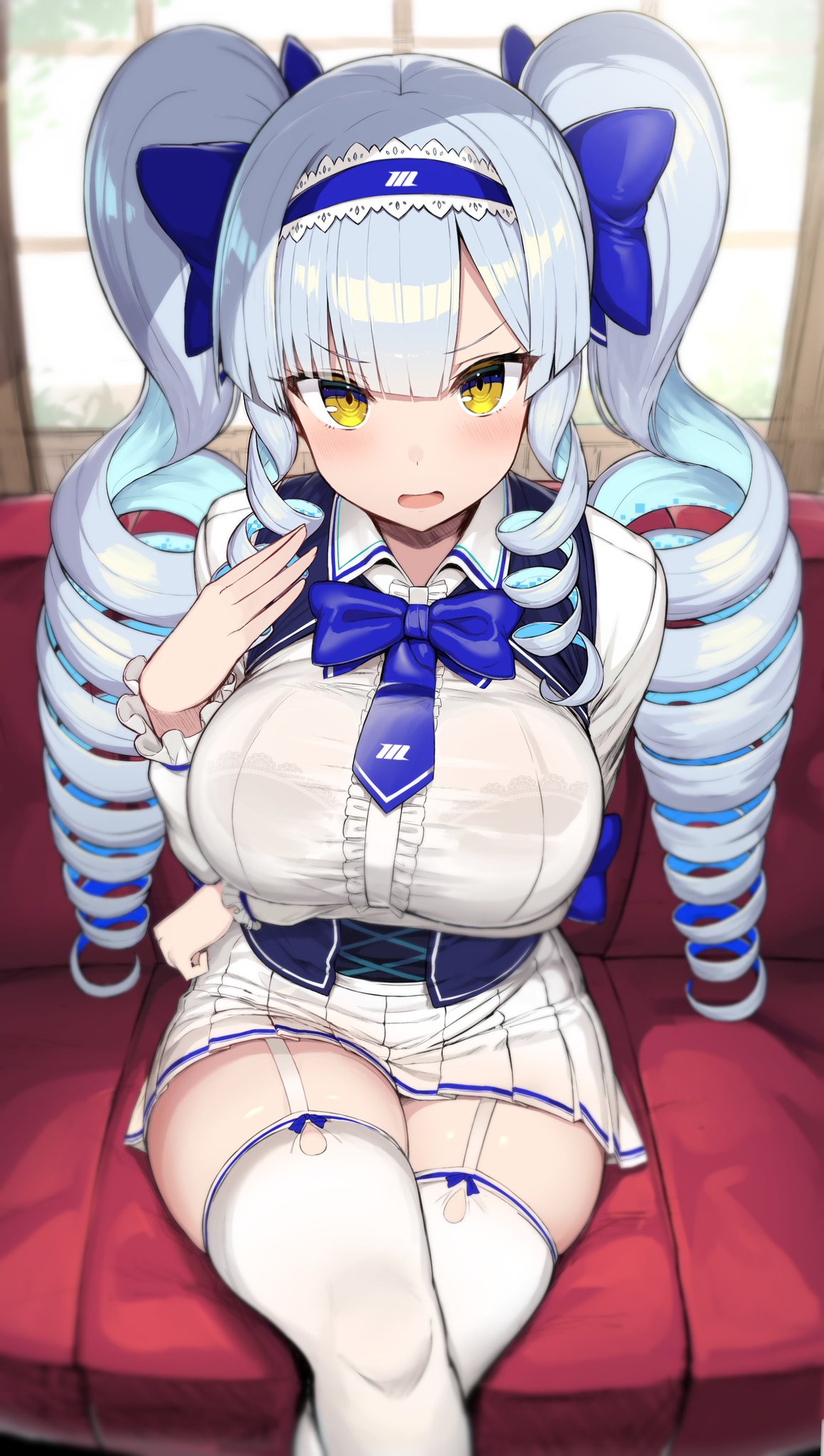 1girls arm_support arm_under_breasts big_breasts blouse blue_hair blush bra_visible_through_clothes breasts clothing corset drill_hair female_only frills garter_belt garter_straps greatmosu hair_ribbon hairband huge_breasts lingerie long_hair looking_at_viewer miniskirt open_mouth original original_character school_uniform schoolgirl shirt stockings thick_thighs thighhighs thighs twintails yellow_eyes