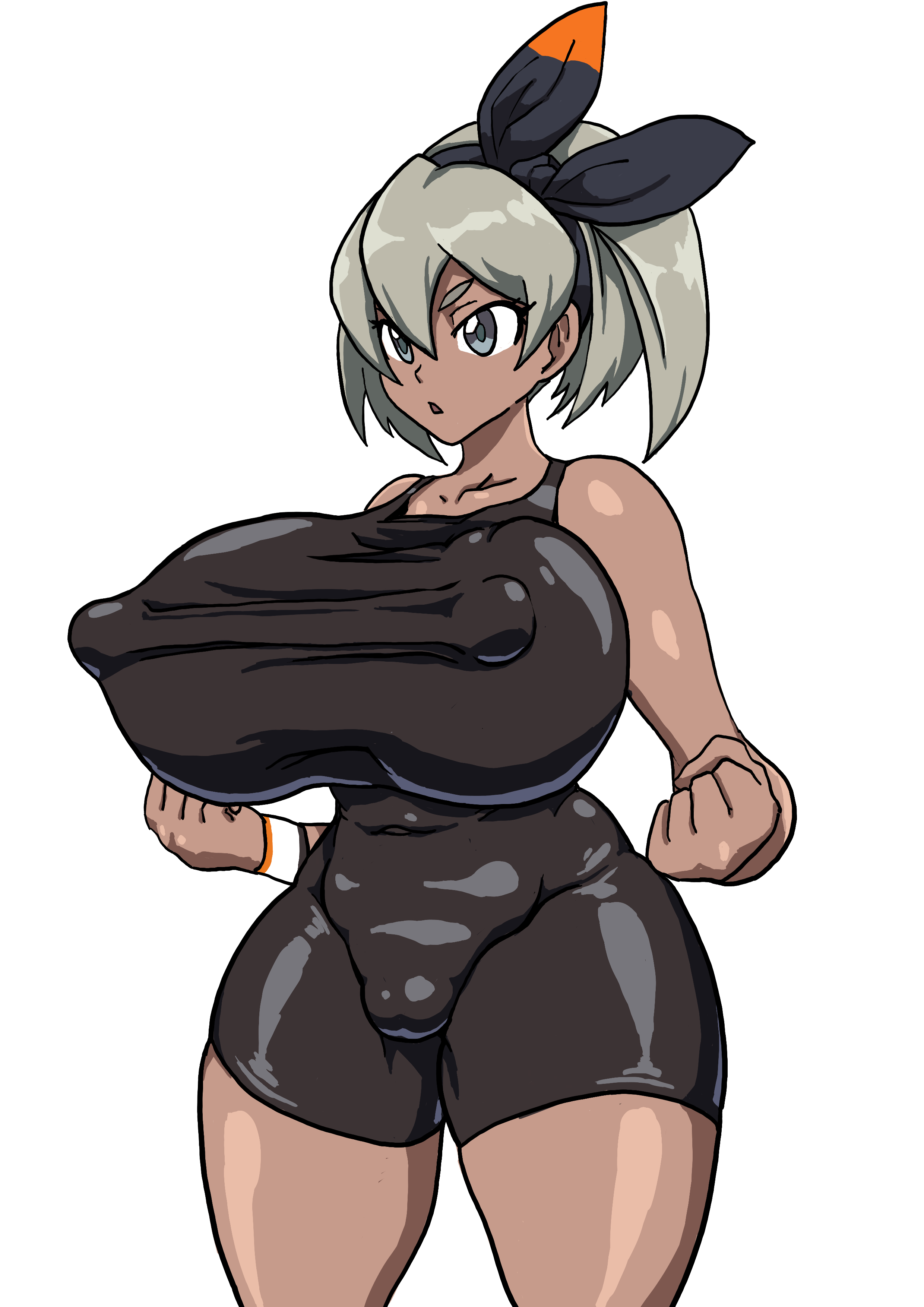1girls, alternate breast size, areolae, armpits, artist request, bea (pokemon), big breasts, big nipples, bodysuit, breast expansion, breast growth, breast growth (enlargement), breasts, breasts bigger than head, dark skin, dark-skinned female, erect nipples, female, grey hair, hair ribbon, huge breasts, huge thighs, human, large breasts, leotard, muscular, muscular female, nintendo, nipple bulge, nipples, pokemon, pokemon ss, short hair, solo, standing, thick thighs, thigh gap, thighs, tight clothing, voluptuous, wide hips
