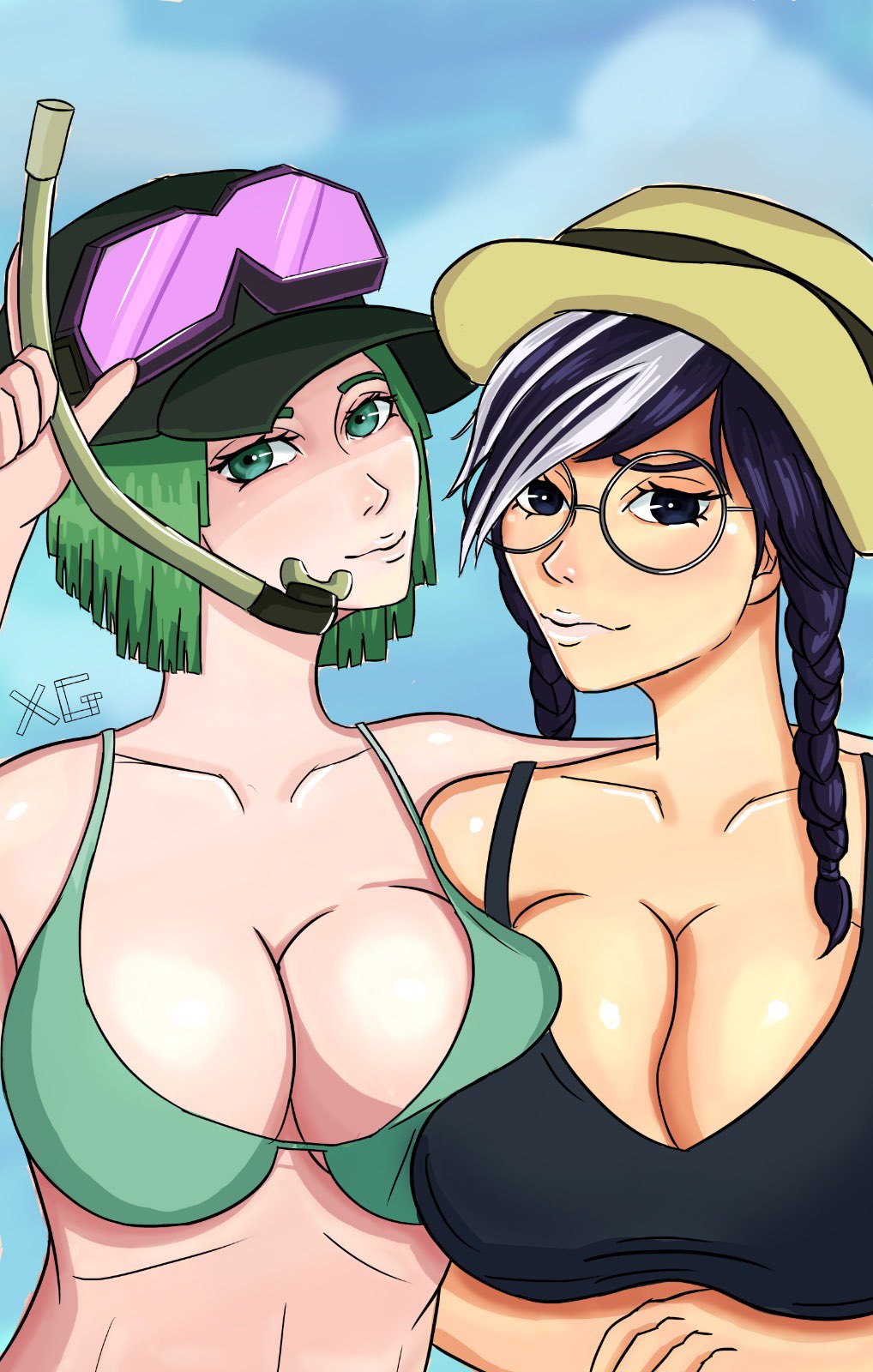 2girls, asian, black bikini, black hair, breast press, breast size difference, breasts, breasts to breasts, cap, dokkaebi (rainbow six), ela (rainbow six), female, female only, glasses, green bikini, green hair, multiple females, multiple girls, rainbow six, rainbow six siege, smiling at viewer, snorkel, sun hat, sunhat, tagme, tom clancy, upper body, xaviergalaxy