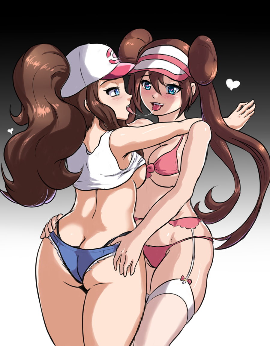 2girls alternate_outfit big_ass black_thong blushing brown_hair cleavage double_bun eye_contact hay highleg_panties hilda_(pokemon) hotpants human human_only kissing large_breasts leonart lingerie lips long_hair looking_at_viewer nintendo older panties panties_visible pink_panties pokemon pokemon_bw pokemon_bw2 ponytail rosa_(pokemon) saliva saliva_trail shirt_lift short_shorts shorts thick_ass thick_thighs thighhighs thighs thong tongue_out twintails underboob white_thighhighs wide_hips yuri