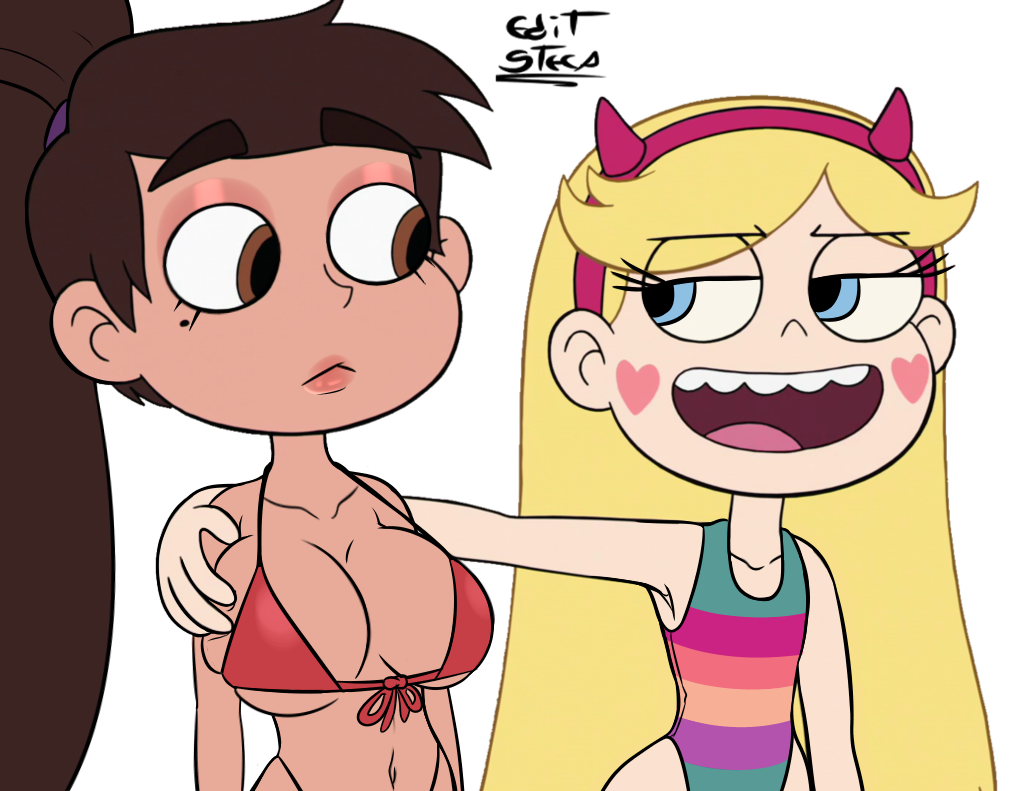 2girls accurate_art_style arm_around_shoulders artist_signature big_breasts bikini blonde_hair blue_eyes breasts brown_eyes cleavage clothed collarbone dark-skinned_female dark_skin disney edit edited eyeshadow female flat_chest genderswap genderswap_(mtf) hand_on_breast hand_on_shoulder headband heart_cheeks huge_breasts larger_male latina long_hair male_is_bigger marco_diaz mischievous_smile mole mole_under_eye mtf_crossgender multiple_girls non_nude one-piece_swimsuit one_piece_swimsuit ponytail princess_marcia princess_marco round_teeth rule_63 screenshot_edit star_butterfly star_vs_the_forces_of_evil steca swimsuit thelazyart touching_breast transparent_background wide_hips