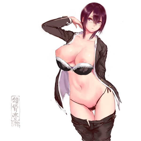 1:1 1girls areola_slip areolae belly big_breasts bra bra_down breast_slip breasts glasses large_breasts mikanman nipples open_clothes panties simple_background white_background