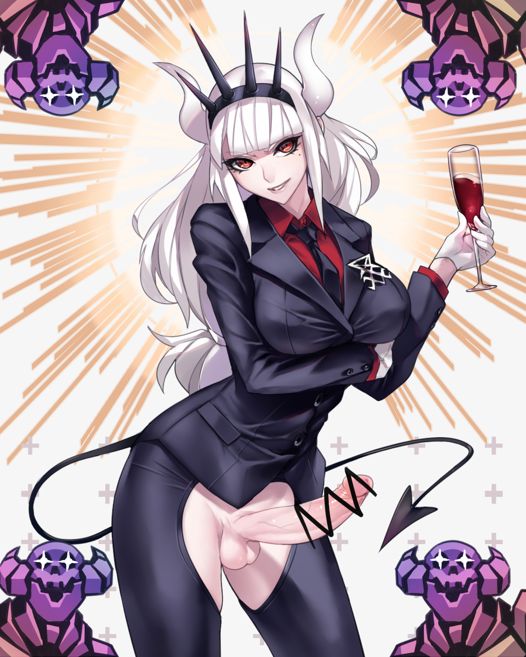 1futa alcohol arm_under_breasts ban black_jacket black_neckwear black_pants black_tail breasts business_suit censored collared_shirt cup demon_girl demon_horns demon_tail drinking_glass erection eyebrows_visible_through_hair female formal futa_only futanari gloves hair_ornament head_tilt heart helltaker highres holding holding_cup horns huge_breasts jacket large_breasts long_hair long_sleeves looking_at_viewer lucifer_(helltaker) mole mole_under_eye monster_girl necktie neckwear pants penis red_eyes red_shirt shirt simple_background smile smirk solo suit tail testicles upper_body very_long_hair white_background white_gloves white_hair white_horns wine wine_glass