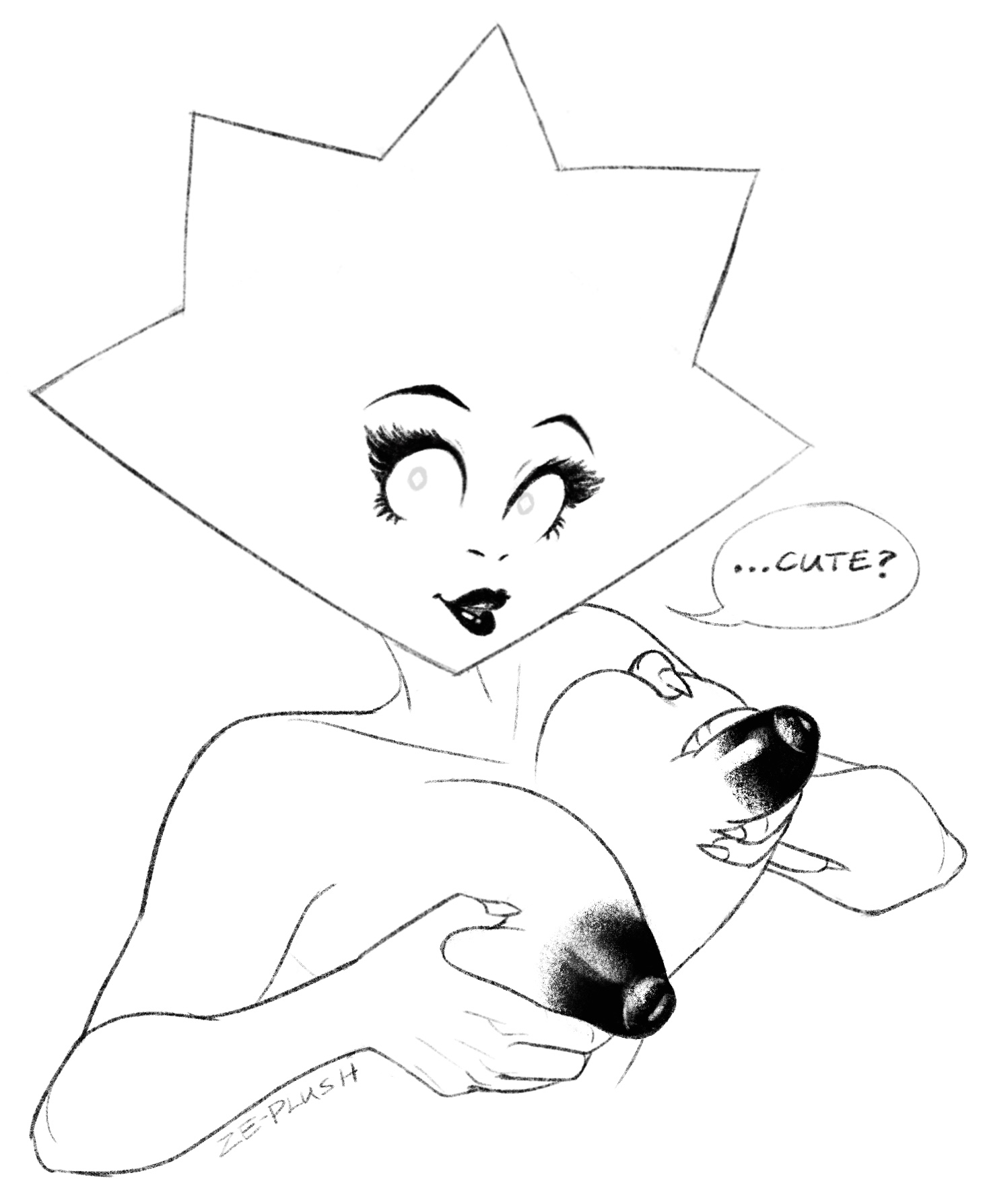 1girls, artist name, black areola, black lips, black nipples, breasts, cartoon network, dialogue, diamond-shaped pupils, english text, female, holding breasts, inverted nipples, large breasts, lips, monochrome, puffy nipples, solo female, source not archived, squeezing breast, steven universe, white background, white diamond (steven universe), white skin, wholesome, ze-plush