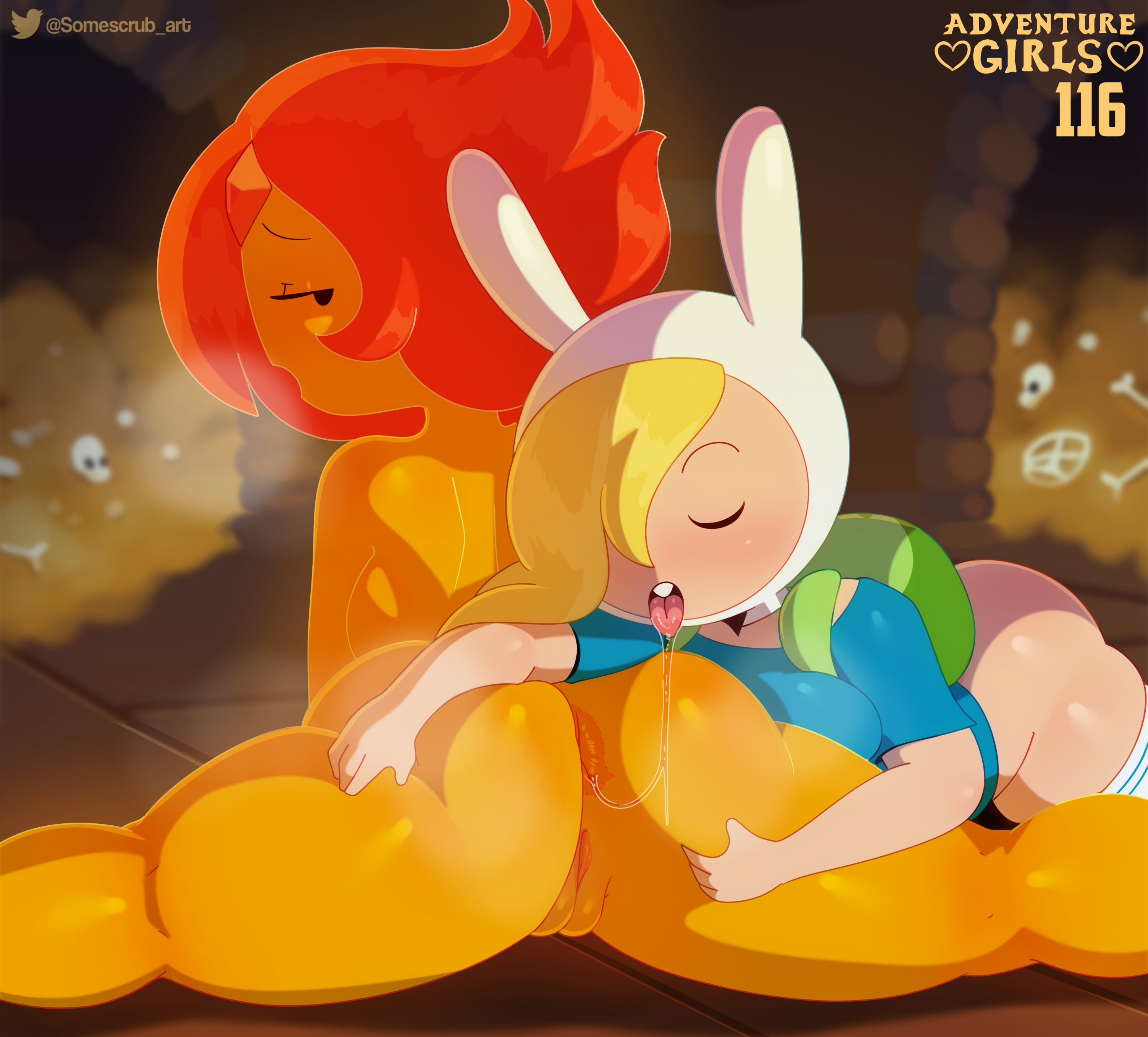 2020, 2girls, adventure girls, adventure time, anus, ass, backboob, backpack, big ass, blonde hair, bottomless, breasts, breath, cartoon network, clothing, exposed pussy, eyes closed, female, female only, fionna the human girl, flame princess, hair, hat, human, humanoid, humanoid pussy, lesbian, looking at another, looking back, mob face, mouth open, multiple females, multiple girls, no panties, nude, nude female, open mouth, orange skin, partially clothed, pussy, pussy peek, red hair, rimming, saliva, saliva string, saliva trail, somescrub, splits, spread legs, stockings, thick thighs, thighhighs, tongue, tongue out, wide hips, yuri