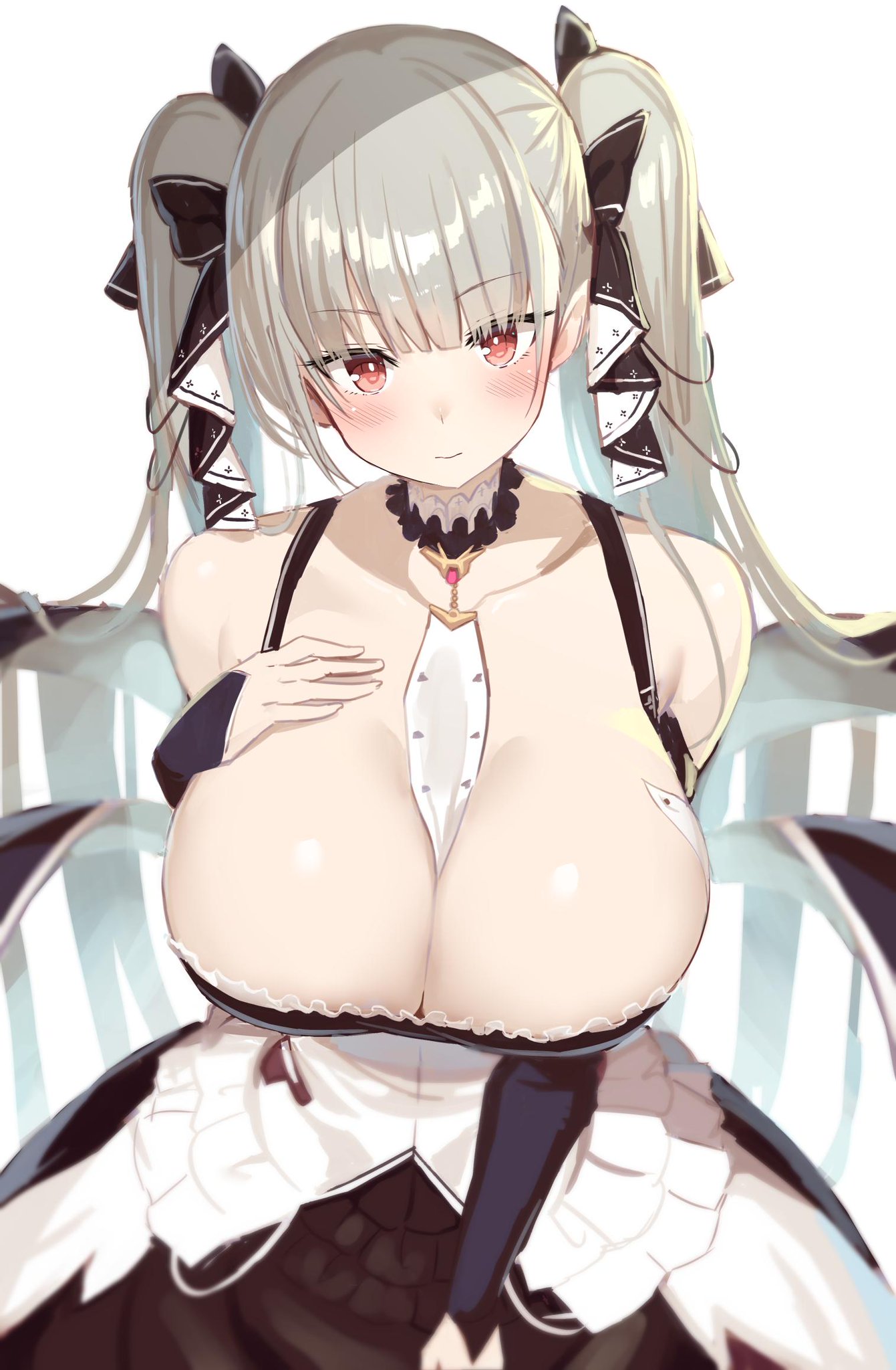 azur lane, big breasts, blush, breasts, choker, cleavage, dress, female, formidable (azur lane), greatmosu, grey hair, hair ribbon, hand on chest, huge breasts, looking at viewer, object between breasts, red eyes, smile, twintails
