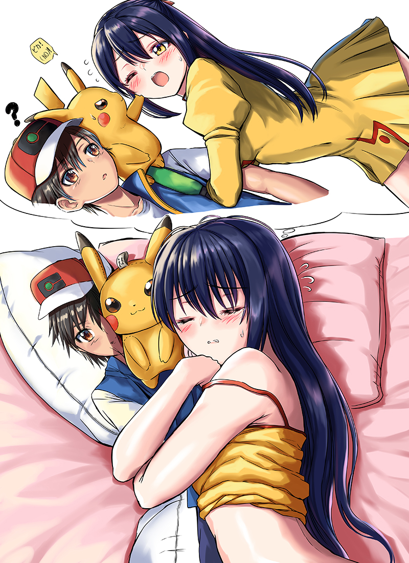 1boy 1girls 2020 ? agent_aika ash_ketchum bare_arms bed bed_sheet black_hair blue_hair blush body_pillow breasts brown_eyes cheek_poke chinese_clothes cleavage_cutout closed_eyes clothed clothing crossover crying delmo english_text eyebrows_visible_through_hair female flying_sweatdrops fur golden_delmo hair_between_eyes highres hug human imagining indoors japanese_text l96_(chinhauming) long_hair looking_at_another lying male medium_breasts midriff nintendo on_side one_eye_closed open_mouth pale-skinned_female pale_skin pikachu pillow plushie pokémon_(species) pokemon pokemon_rgby pokemon_ss rie_petoriyacowa seiyuu_connection standing strap_slip sweat sweatdrop tank_top tank_top_lift tears teeth text thighs tongue villainess voice_actor_connection yellow_clothing yellow_eyes yellow_fur