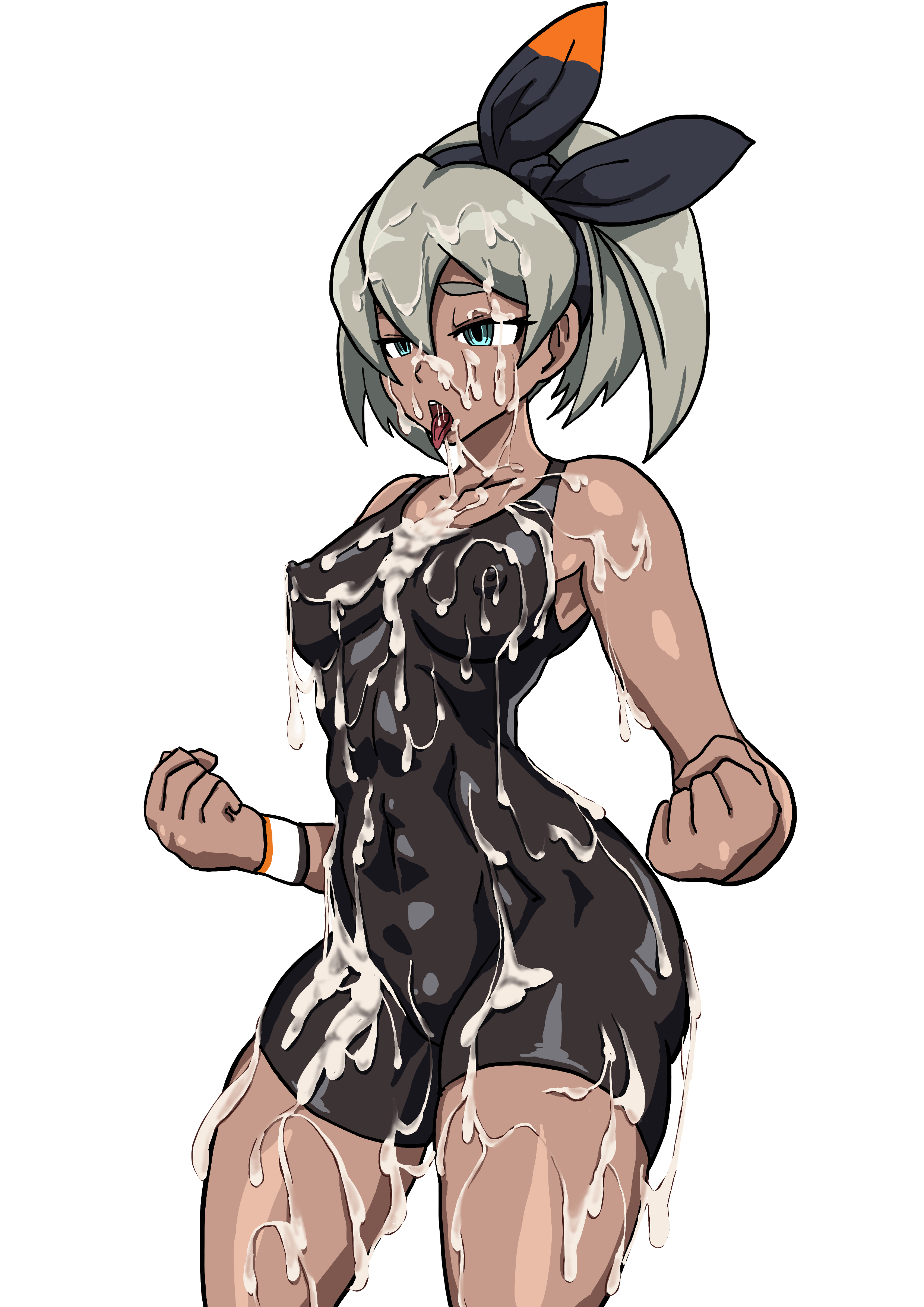 1girls, abs, areolae, armpits, bea (pokemon), bodysuit, breasts, bukkake, cum, cum everywhere, cum on body, cum on breasts, cum on clothes, cum on face, dark skin, excessive cum, female, half-closed eyes, human, medium breasts, muscular, muscular female, nintendo, nipples, pokemon, pokemon ss, solo, thick thighs, thigh gap, thighs, wide hips, にくにぐしい (artist)