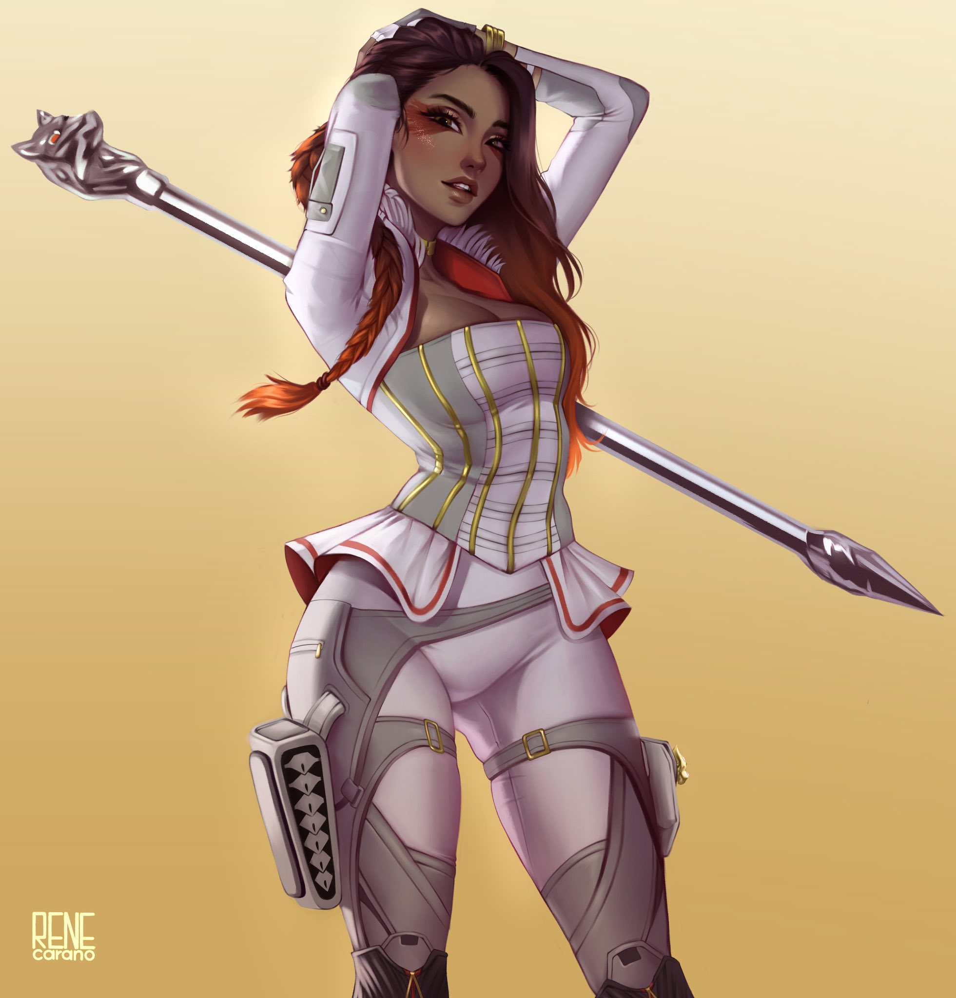 1girls, 2d, abs, apex legends, arms up, braid, braided hair, braided twintails, brazilian, breasts, brown eyes, brown hair, brunette, choker, cleavage, dark skin, dark-skinned female, eyelashes, eyeshadow, female, female only, freckles, hi res, latina, licking lips, lipstick, loba (apex legends), looking at viewer, makeup, medium breasts, multicolored hair, naughty face, orange eyes, pants, red eyeshadow, red hair, rene carano, respawn entertainment, sci-fi, science fiction, scifi, solo, solo female, staff, streaked hair, thick, twintails, yellow eyes
