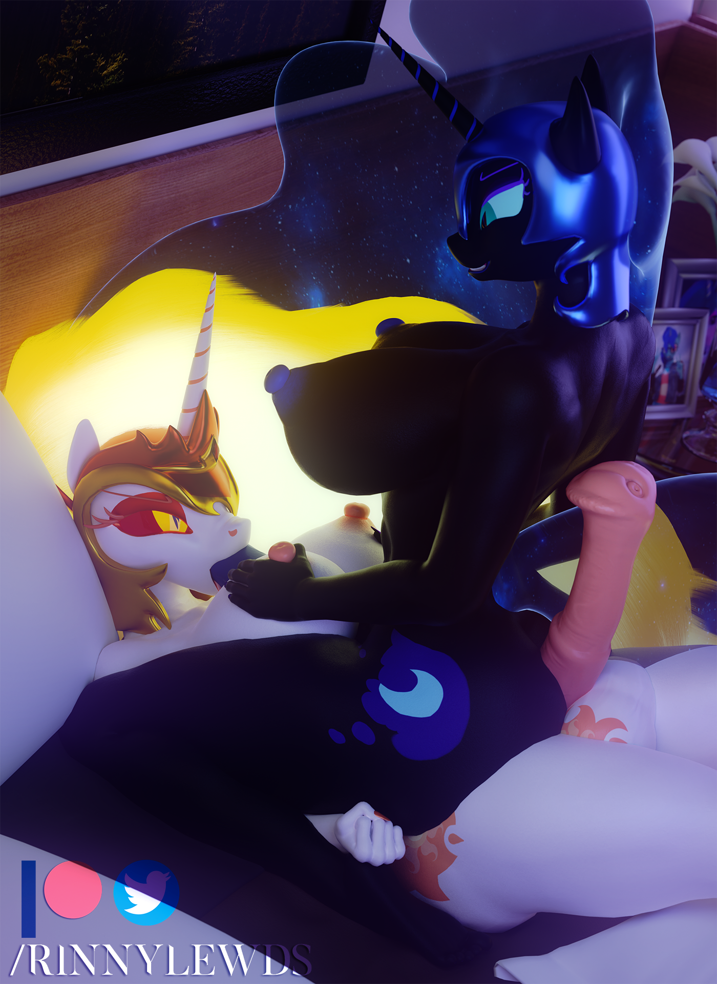 2futas, 3d, 3d (artwork), animal genitalia, animal penis, anthro, armor, ass, big ass, big butt, breast grab, breasts, completely nude, dark persona, daybreaker (mlp), digital media (artwork), duo, equid, equine, equine genitalia, equine penis, erection, eyeshadow, fellatio, friendship is magic, furry, futa on futa, futa only, futa/futa, futanari, genitals, hand on breast, headgear, helmet, hi res, horn, hot dogging, incest, intersex, intersex/intersex, mammal, my little pony, mythological creature, mythological equine, mythology, nightmare moon (mlp), nipples, nude, nude futa, oral, paizuri, penile, penis, princess celestia (mlp), princess luna (mlp), rinny, royal sisters (mlp), sex, siblings, sisters, straddling, titjob, unicorn