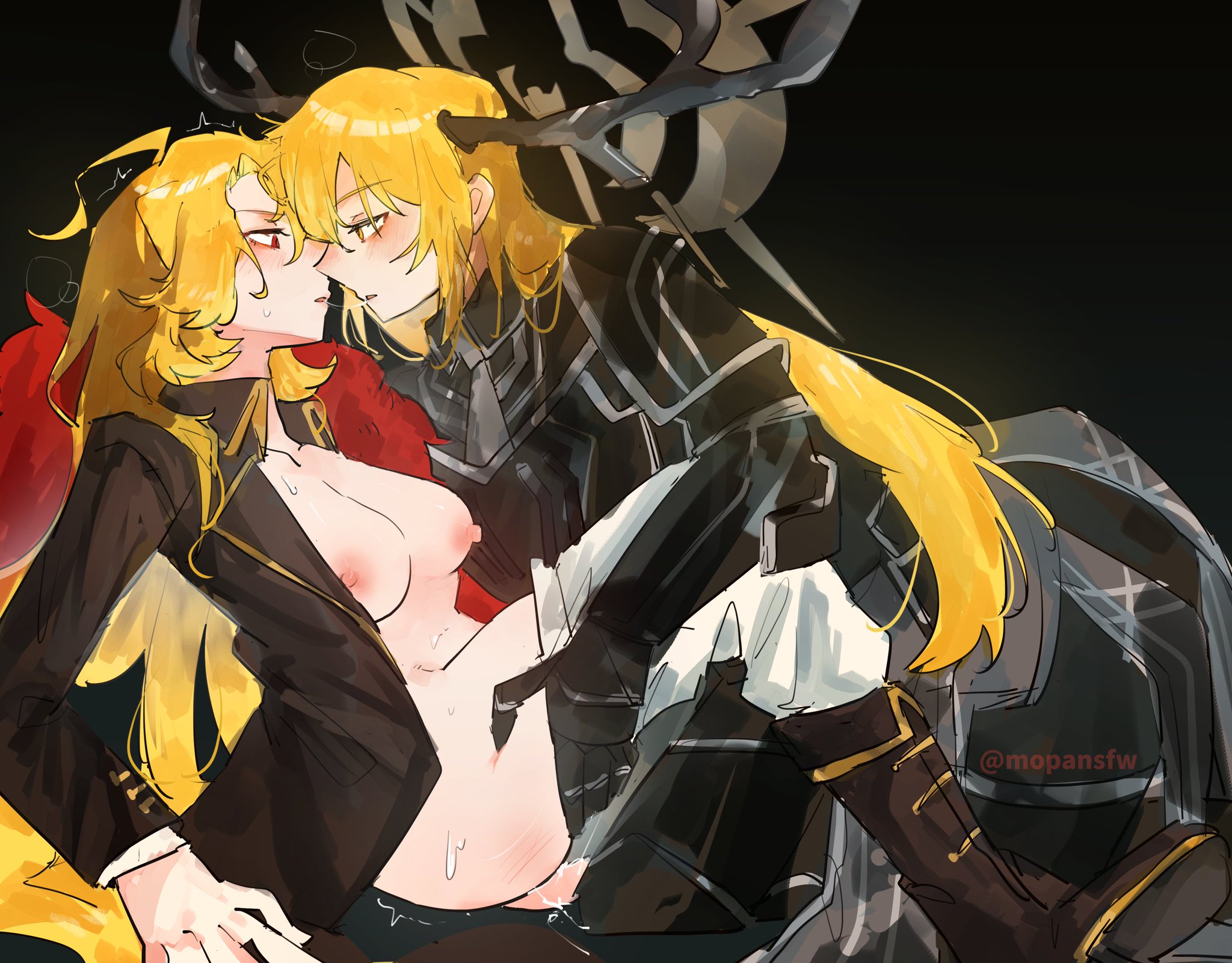 2girls, after kiss, armor, artist name, artist request, blonde hair, blush, breasts, coat, don quixote (limbus company), feathers, female only, female/female, halo, horn, jacket, kissing, large breasts, limbus company, long hair, nipples, panties, project moon, pussy, pussy juice, red eyes, red feathers, sancho (limbus company), selfcest, shirt, very long hair, yellow eyes, yuri