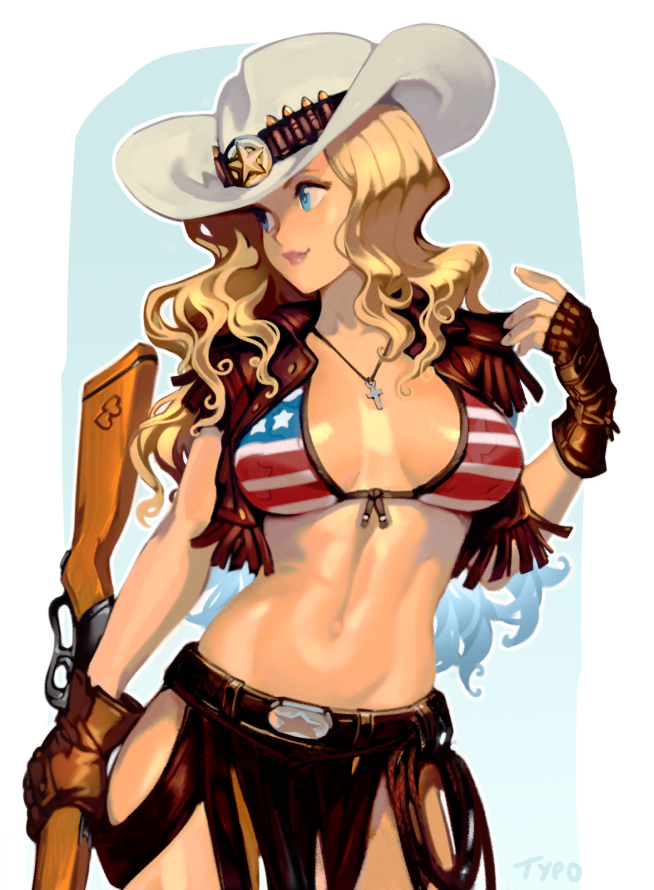 american_flag american_flag_bikini belt bikini bikini_top blonde_hair blue_eyes breasts brown_gloves clothing cowboy_hat cross cross_necklace curly_hair epaulettes female fingerless_gloves firearm flag_print front-tie_top gloves gun handwear hat headwear holding holding_gun holding_weapon human jewelry juliona_trans large_breasts lasso lips navel necklace optionaltypo pale_skin pelvic_curtain rifle solo stomach swimsuit swimwear toned vest weapon wild_west wild_wet_west