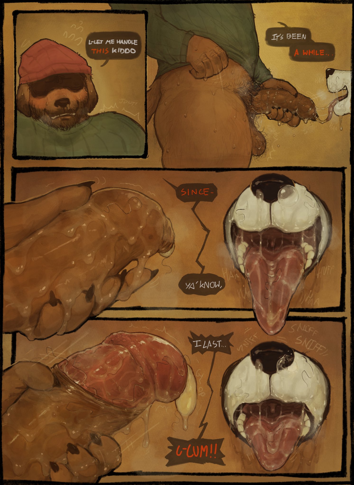 2males, anthro, balls, bathroom, bathroom stall, beanie, blowjob, brown fur, brown hair, clothed, clothed sex, clothing, comic, comic page, consensual, consent, cum, digital media (artwork), dripping penis, drooling, duo, english text, erection, eyebrows, fanofthefurr, fellatio, foreskin, foreskin folds, fully retracted foreskin, fur, furry, furry only, gay, genital fluids, genitals, glory hole, gloryhole, hair, hobo, homeless, imminent orgasm, indoors, inside, irrumatio, kneeling, male, male focus, male only, male penetrated, male penetrating, male penetrating male, male/male, mouth open, musk, musky, musky balls, musky cock, onomatopoeia, open mouth, oral, penetration, penis, polar bear, precum, precum drip, precum on penis, pubic hair, pubic hair in mouth, pubic hair on face, restroom stall, saliva, saliva on penis, sex, short hair, sloppy, sloppy blowjob, sniffing, sweat, sweatdrop, sweating, sweaty, testicles, thumbs up, toilet, uncensored, uncut, upper body, veiny penis, white fur, yaoi