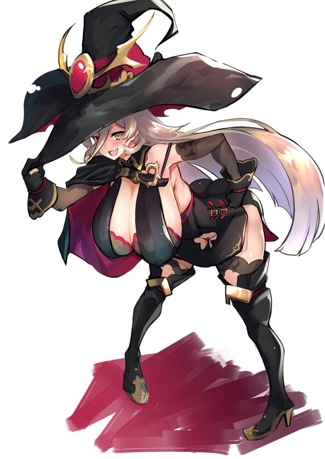 bent over, big breasts, blush, breasts, cleavage, female, grey hair, hand on hip, huge breasts, looking at viewer, nuezou, oerba yun fang, thigh boots, thighhighs, thighs, witch, witch hat, yellow eyes