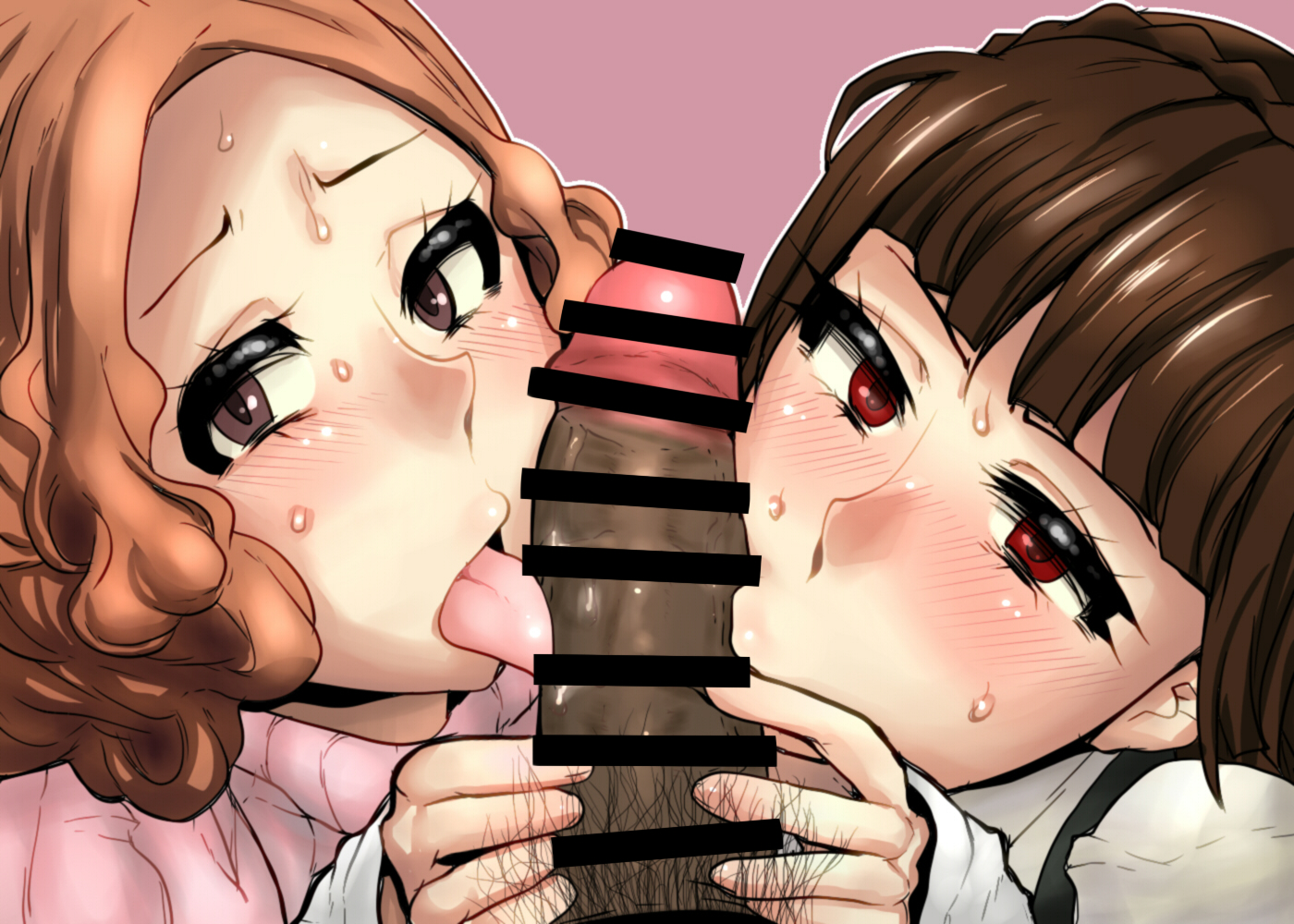1boy, 2girls, atlus, brown hair, censored, collaborative fellatio, dark skin, dark-skinned male, double fellatio, eye contact, fellatio, female, haru okumura, huge cock, licking penis, makoto niijima, male, male pov, multiple females, multiple girls, nojirushi, oral, penis, persona, persona 5, pov, red eyes, short hair, sweat, teamwork