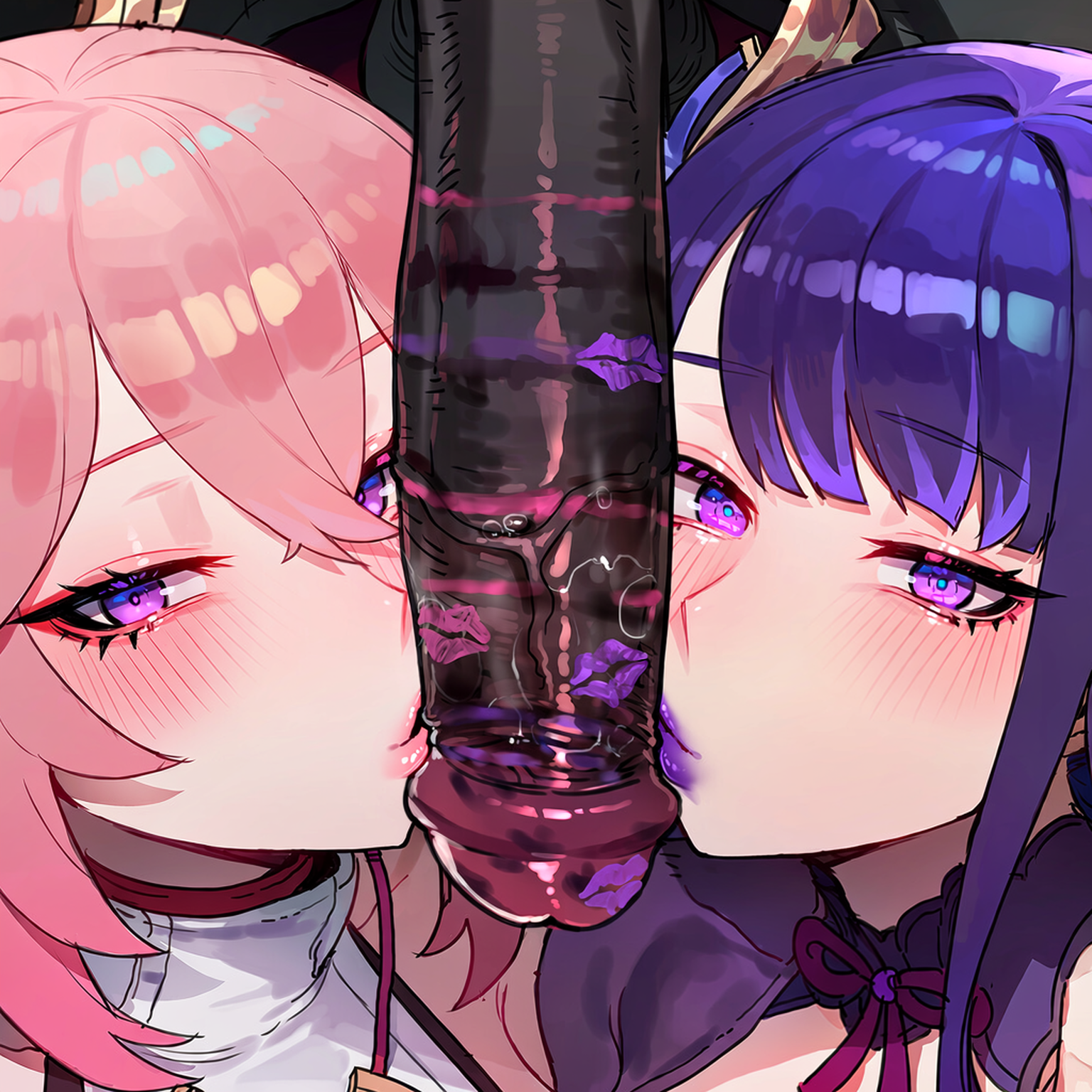 1boy, 2girls, ai generated, churlbaitqueen, churled, cooperative fellatio, dark-skinned male, face focus, genshin impact, giant penis, hilichurl, interracial, kissing penis, large penis, lipstick, lipstick mark, lipstick on penis, lipstick ring, looking at viewer, pink hair, pink lipstick, purple eyes, purple hair, purple lipstick, raiden shogun, yae miko