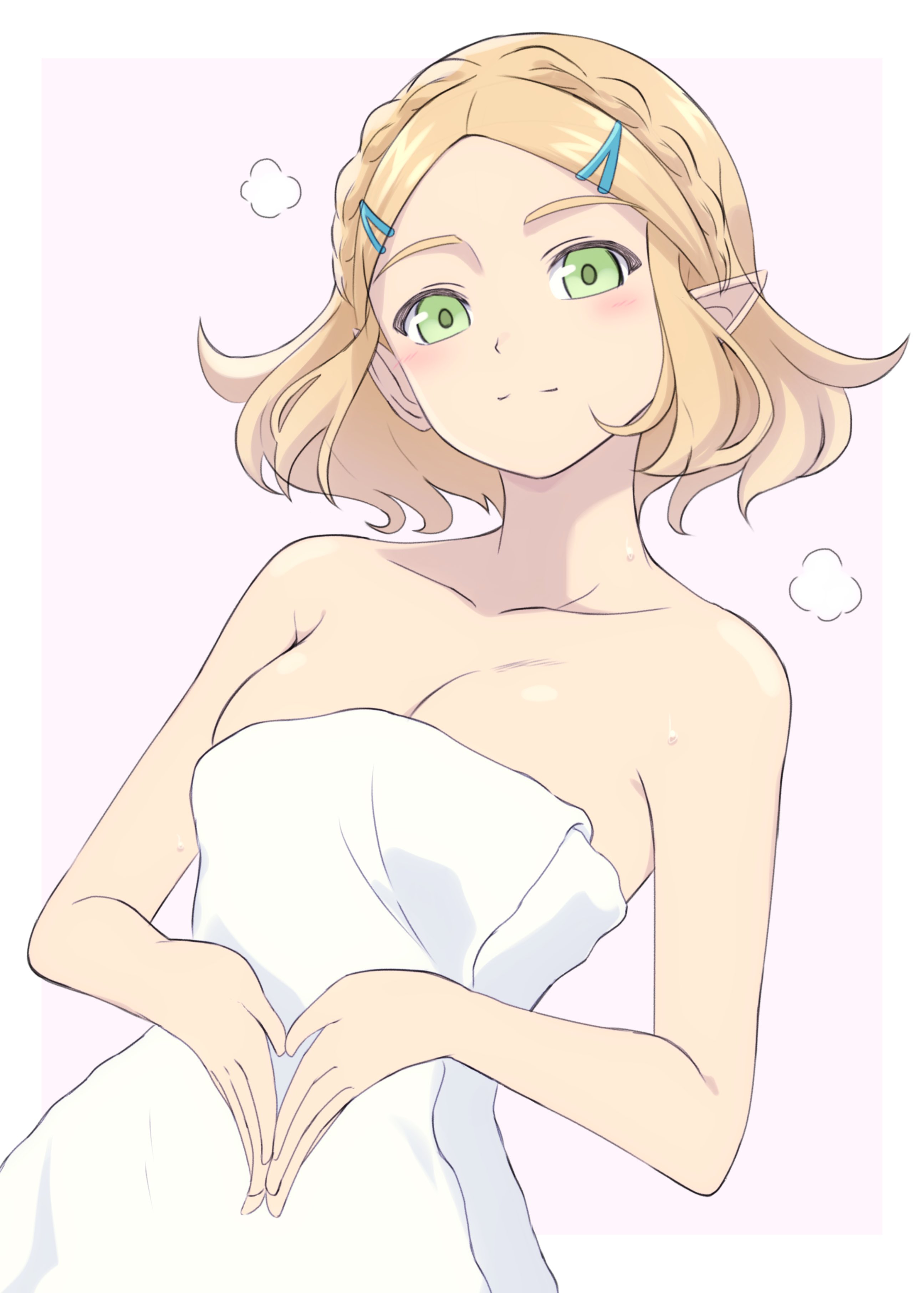 1girls, absurdres, bare shoulders, big breasts, blonde hair, blush, blushing, bob cut, border, braid, breasts, cleavage, closed mouth, collarbone, commentary request, crown braid, green eyes, highres, lelie, lelie (lelie link), lelie link, light blush, looking at viewer, naked towel, nintendo, outside border, own hands together, pink background, pointy ears, princess zelda, short hair, solo, steepled fingers, tears of the kingdom, the legend of zelda, the legend of zelda: tears of the kingdom, towel, towel only, upper body, white border, zelda (tears of the kingdom)