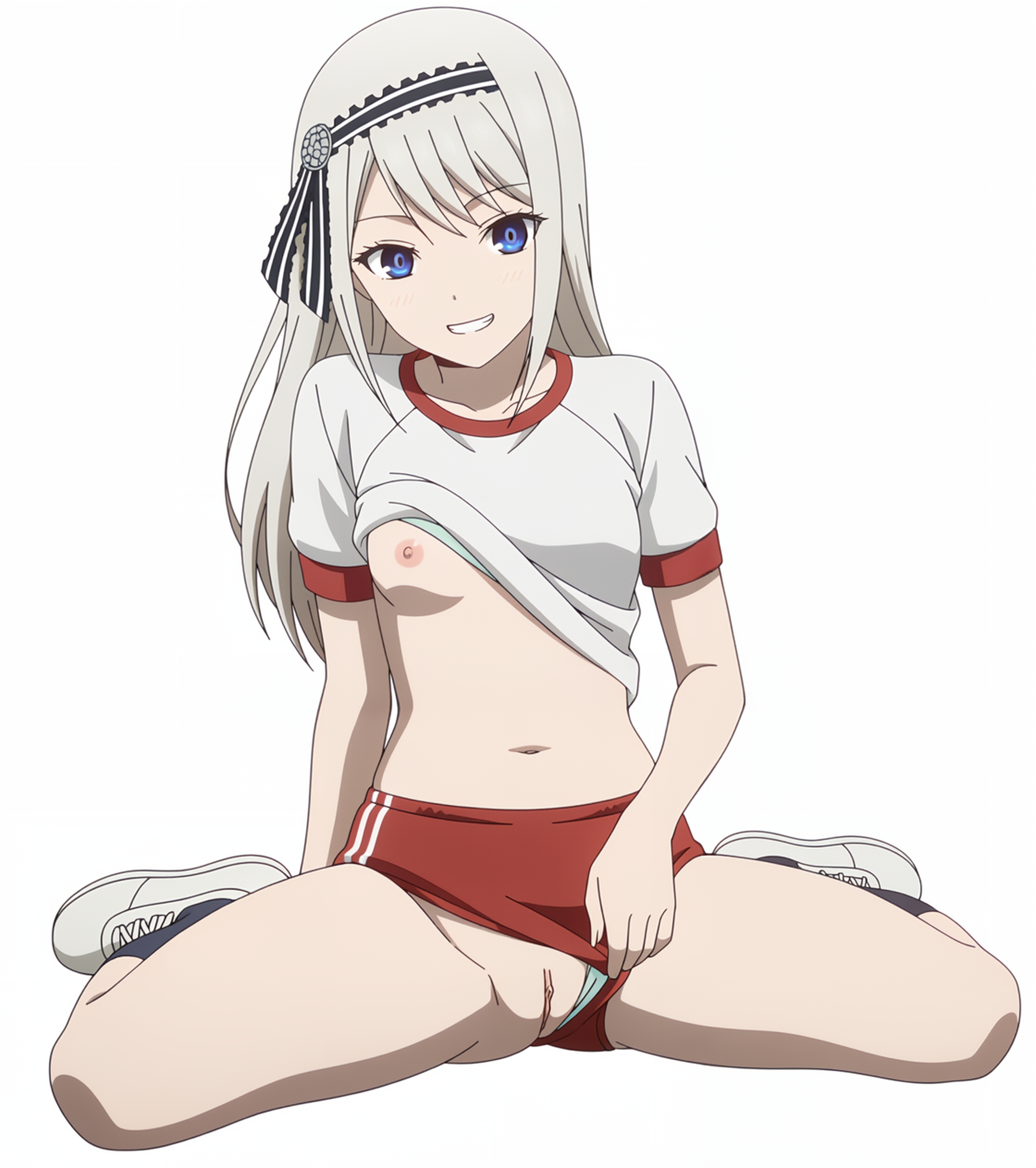 1girl, ai generated, black hairband, black socks, blue eyes, blush, bra, bra lift, breasts, buruma, buruma aside, buruma pull, cleft of venus, clothes lift, clothing aside, full body, green bra, green panties, grey hair, grin, gym shirt, gym uniform, hairband, kaguya-sama wa kokurasetai ~tensai-tachi no renai zunousen~, lifted by self, long hair, looking at viewer, navel, nipples, one breast out, panties, panties aside, panties under buruma, panty peek, pussy, red buruma, shirogane kei, shirt, shirt lift, shoes, short sleeves, simple background, sitting, small breasts, smile, sneakers, socks, solo, spasibo15, spread legs, striped clothes, teeth, uncensored, underwear, wariza, white background, white shirt