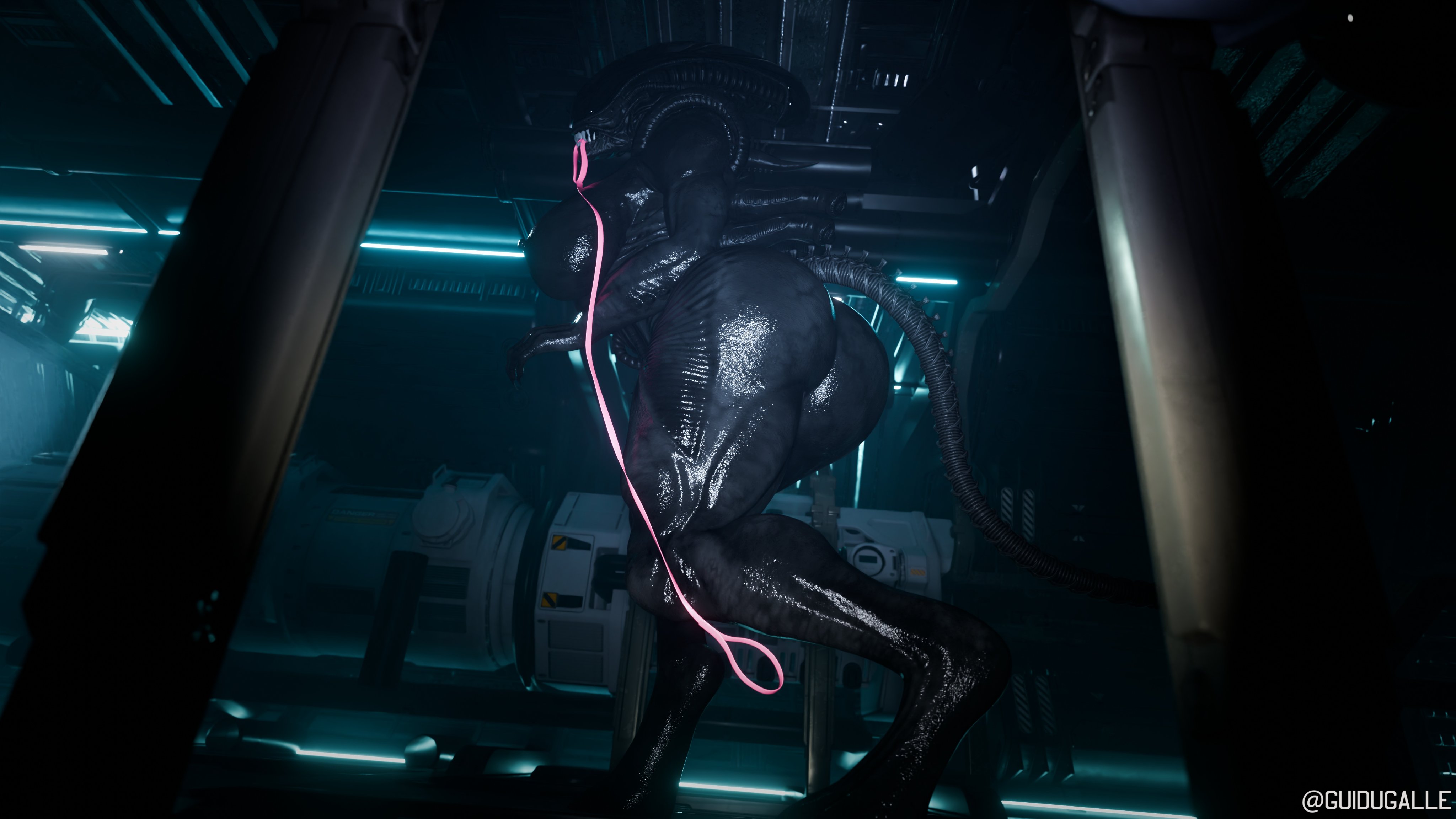 1girl, 1girls, 3d, 3d (artwork), alien, alien (franchise), alien girl, alien humanoid, ass, big ass, big breasts, breasts, clenched teeth, collar, curvaceous, curvaceous figure, curvy, curvy body, curvy female, curvy figure, dark skin, dark-skinned female, erect nipples, female, female focus, female only, female xenomorph, from below, guidugalle, guimontag, hi res, high quality, high resolution, highres, humanoid, indoors, large ass, large breasts, leash, leash and collar, low-angle view, monster, monster girl, naked, naked female, nipples, nude, nude female, pet play, petplay, sharp teeth, shiny skin, solo, solo female, solo focus, tail, thick thighs, thighs, walking, xenomorph, xenomorph tail