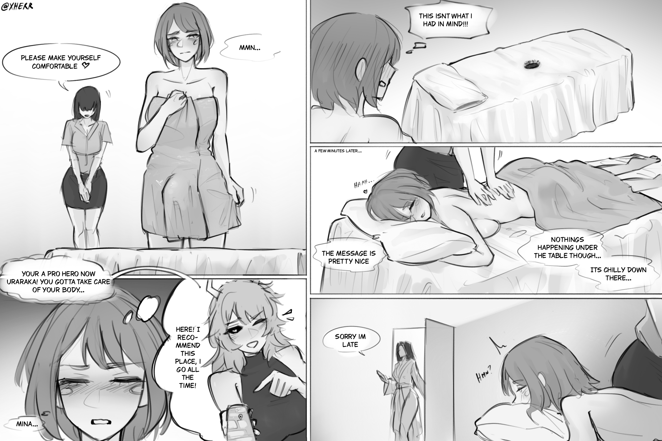 1futa, 2girls, blush, blushing, bulge, bulge through clothing, bulge under clothes, comic, futa, futa on female, futa with female, futanari, implied futa, massage, massage parlor, massage table, massage therapist, massaging, milking table, mina ashido, my hero academia, ochako uraraka, towel, towel only