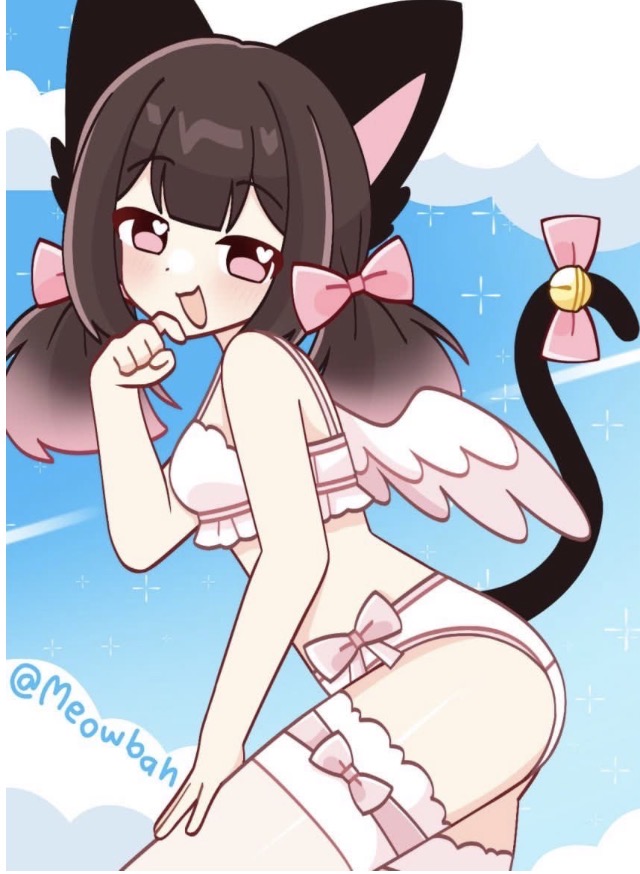 ass, blushing, bra, brown hair, cat tail, meowbahh, meowbahh (artist), panties, pink bow, pink eyes